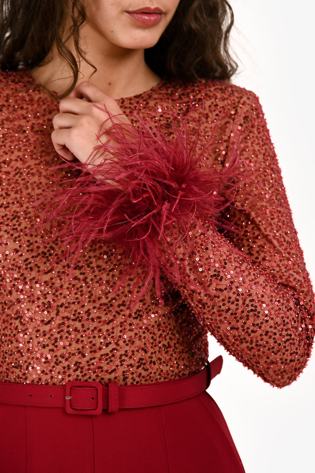 Lavish Alice Red 'Isabel' Sequin/Feather Belted Romper Size S