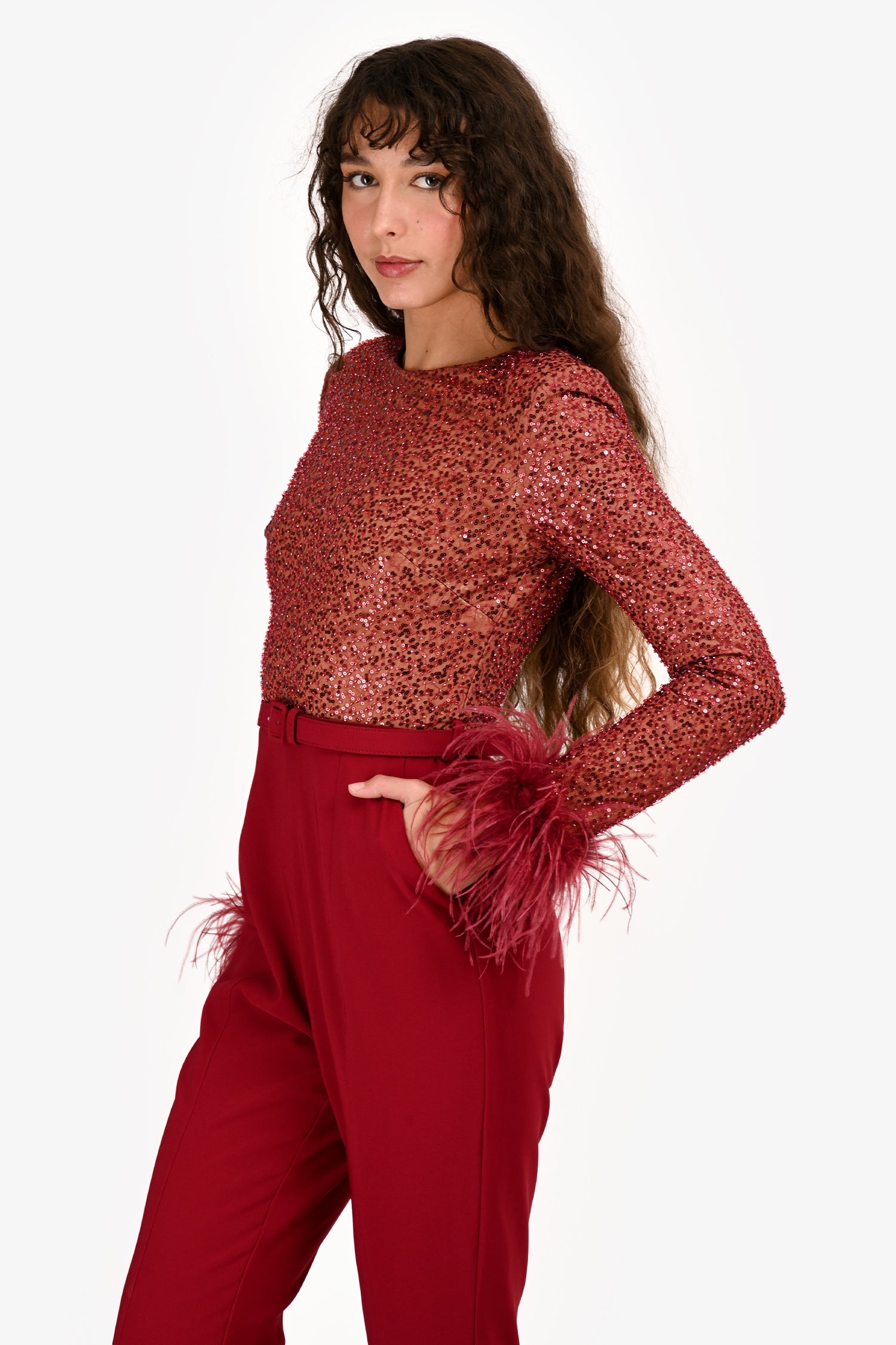 Lavish Alice Red 'Isabel' Sequin/Feather Belted Romper Size S