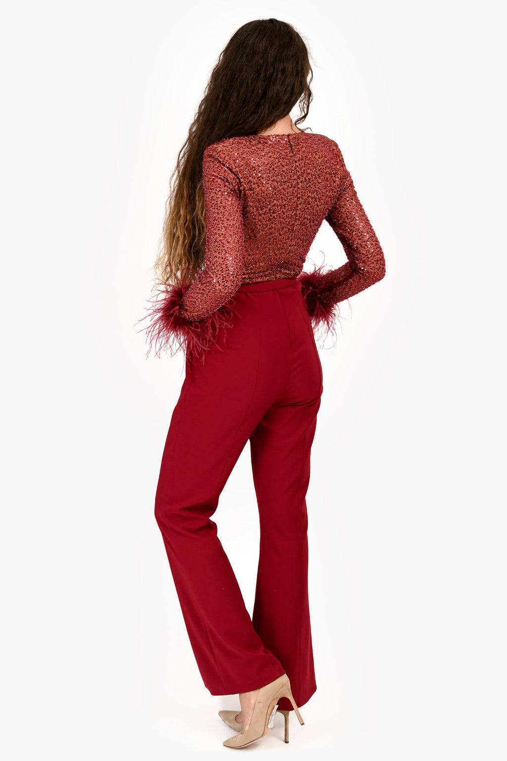 Lavish Alice Red 'Isabel' Sequin/Feather Belted Romper Size S