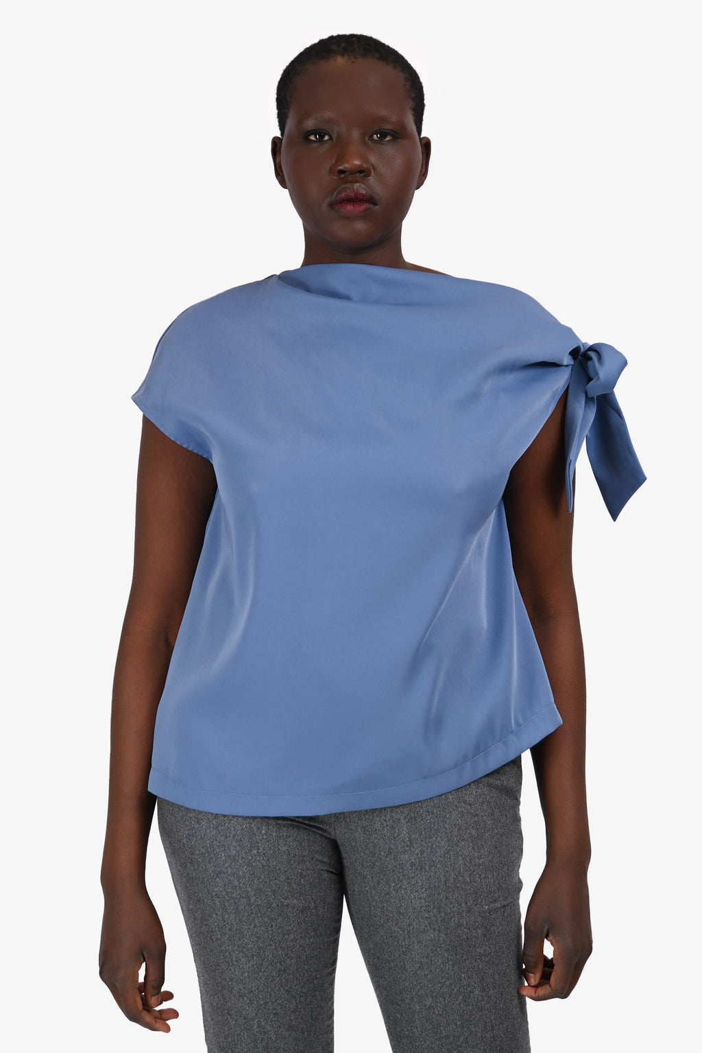 Mossman Blue Satin 'Drop Off' Cold Shoulder Tie Top Size L