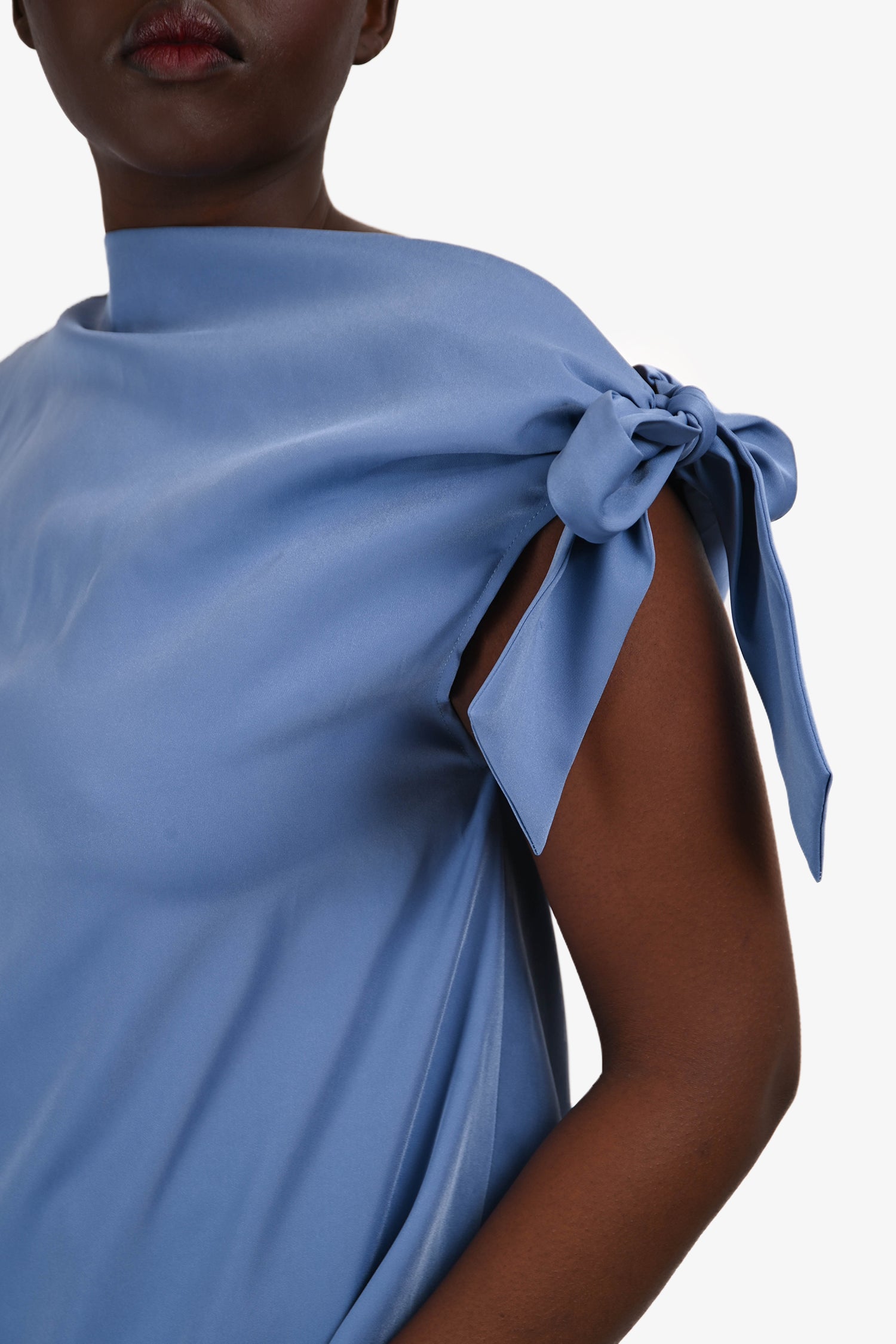 Mossman Blue Satin 'Drop Off' Cold Shoulder Tie Top Size L