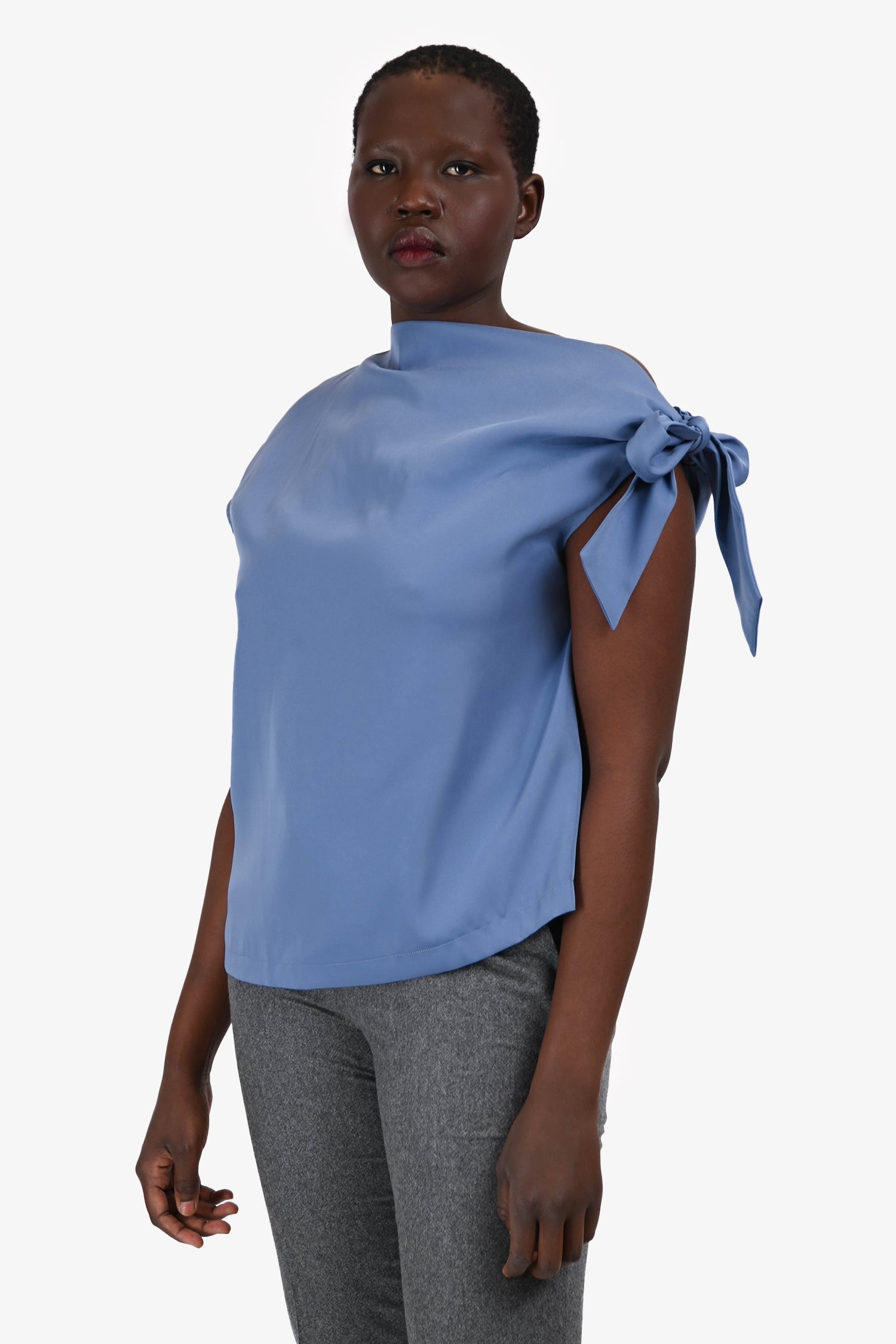 Mossman Blue Satin 'Drop Off' Cold Shoulder Tie Top Size L