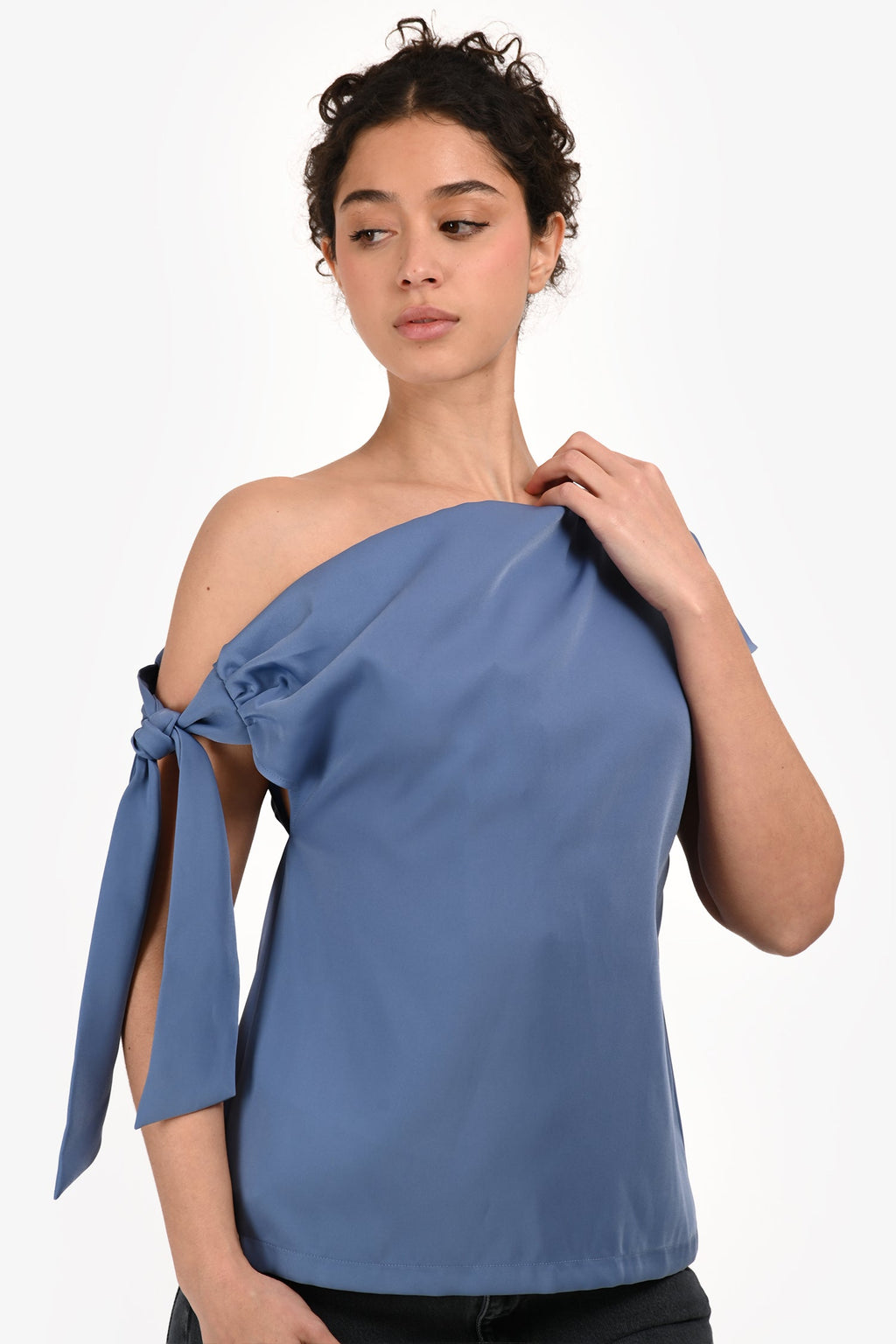 Mossman Blue Satin 'Drop Off' Cold Shoulder Tie Top Size XS