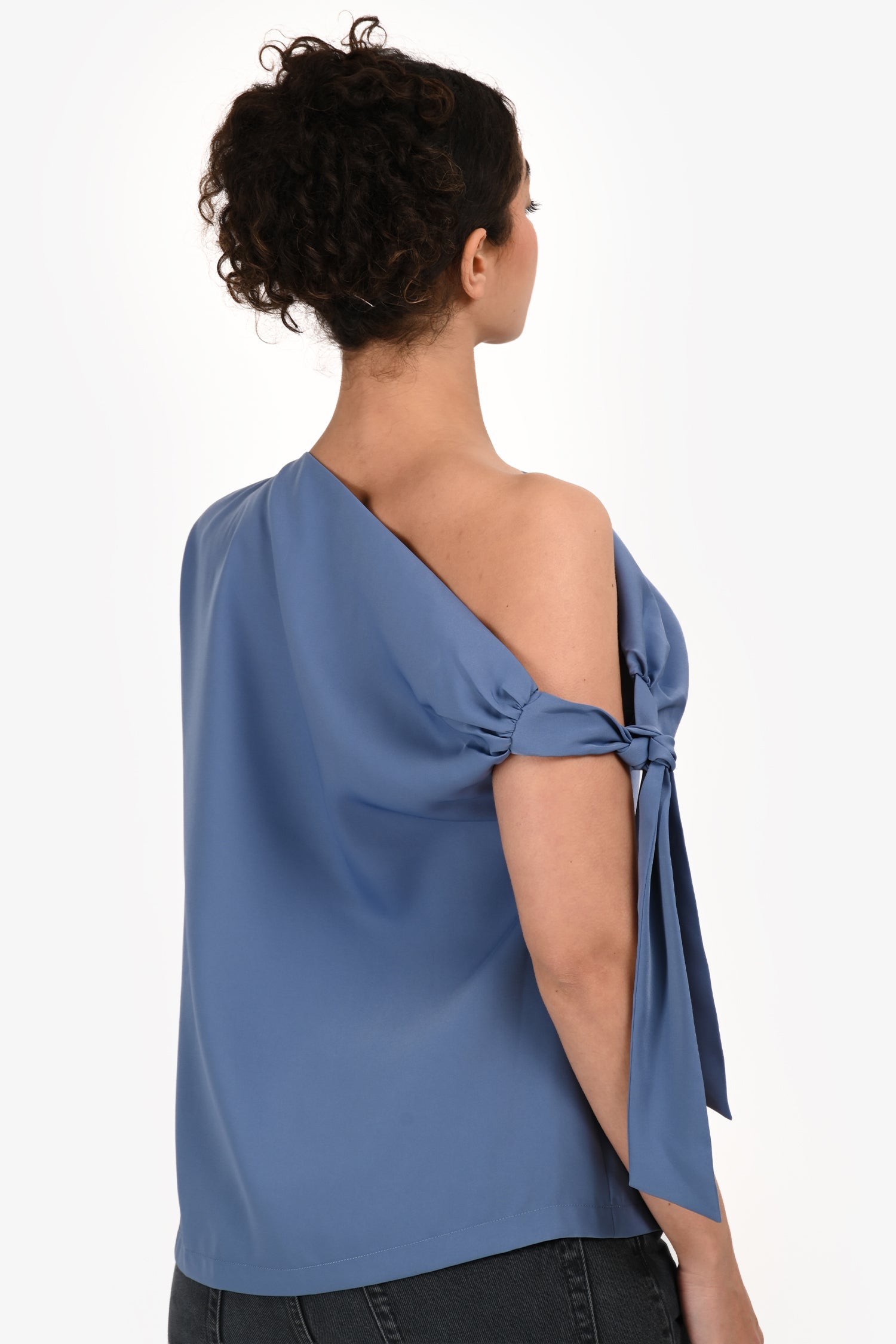 Mossman Blue Satin 'Drop Off' Cold Shoulder Tie Top Size XS