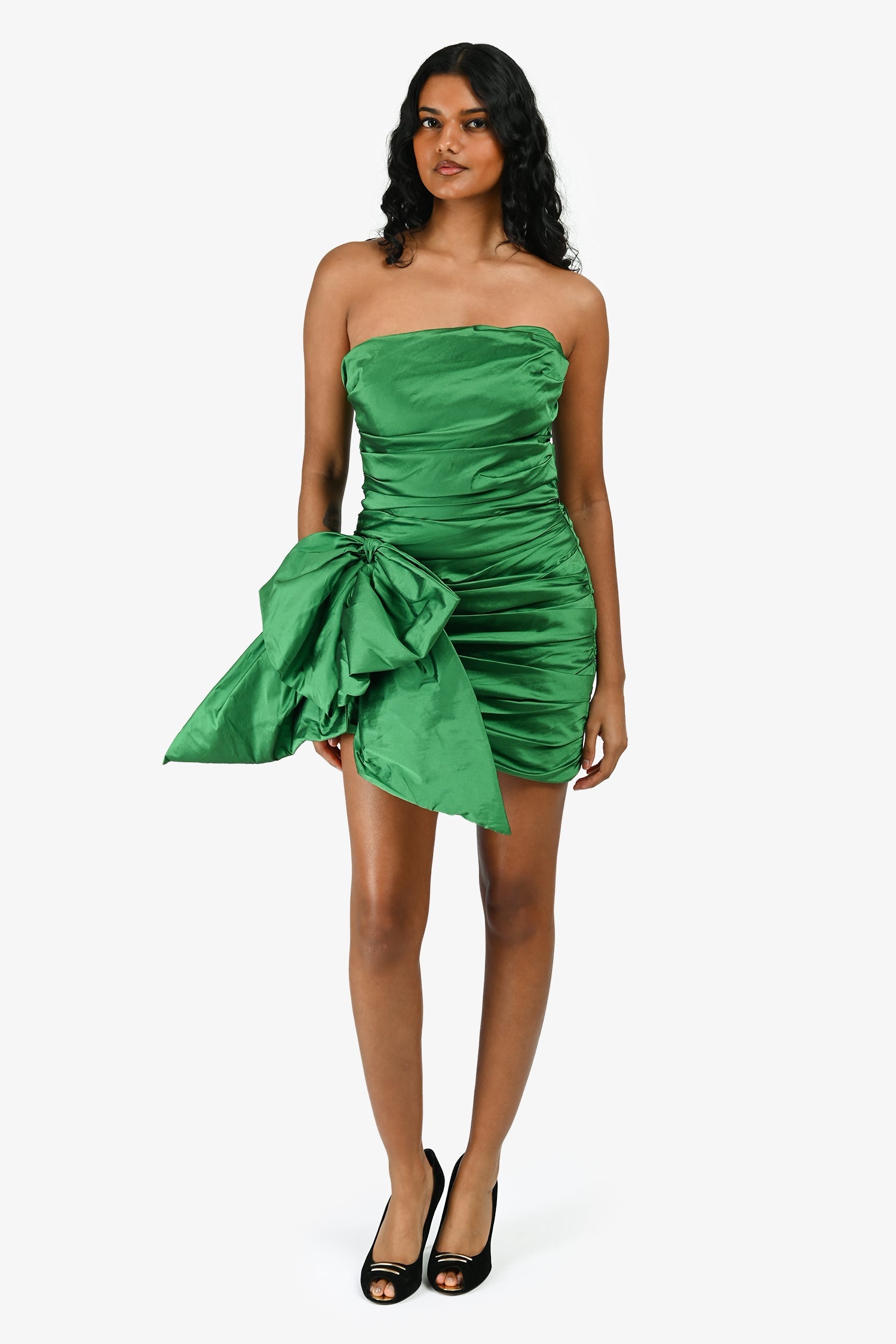 Nicole Bakti Green Ruched Bow Strapless Mini Dress Size XS