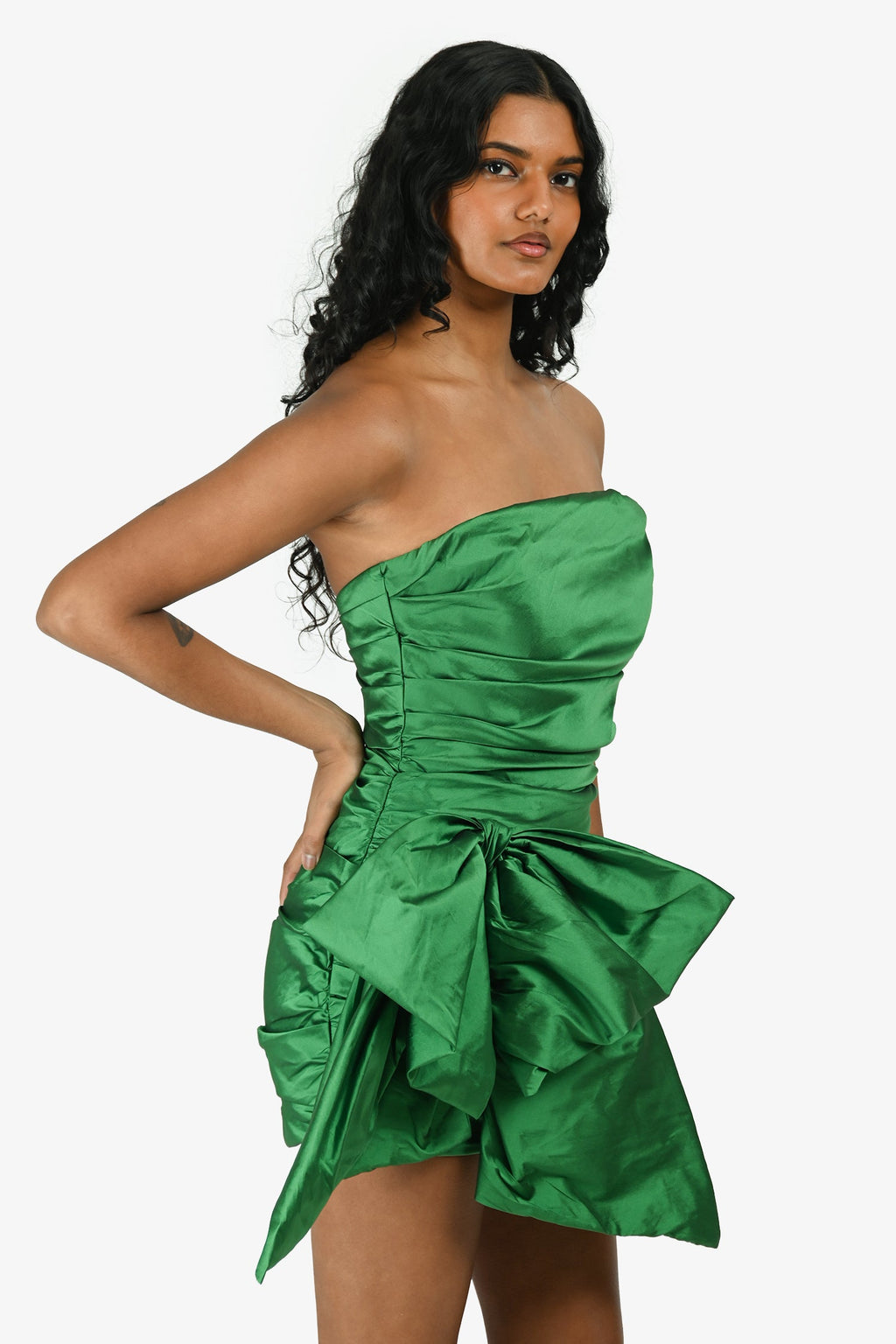 Nicole Bakti Green Ruched Bow Strapless Mini Dress Size XS