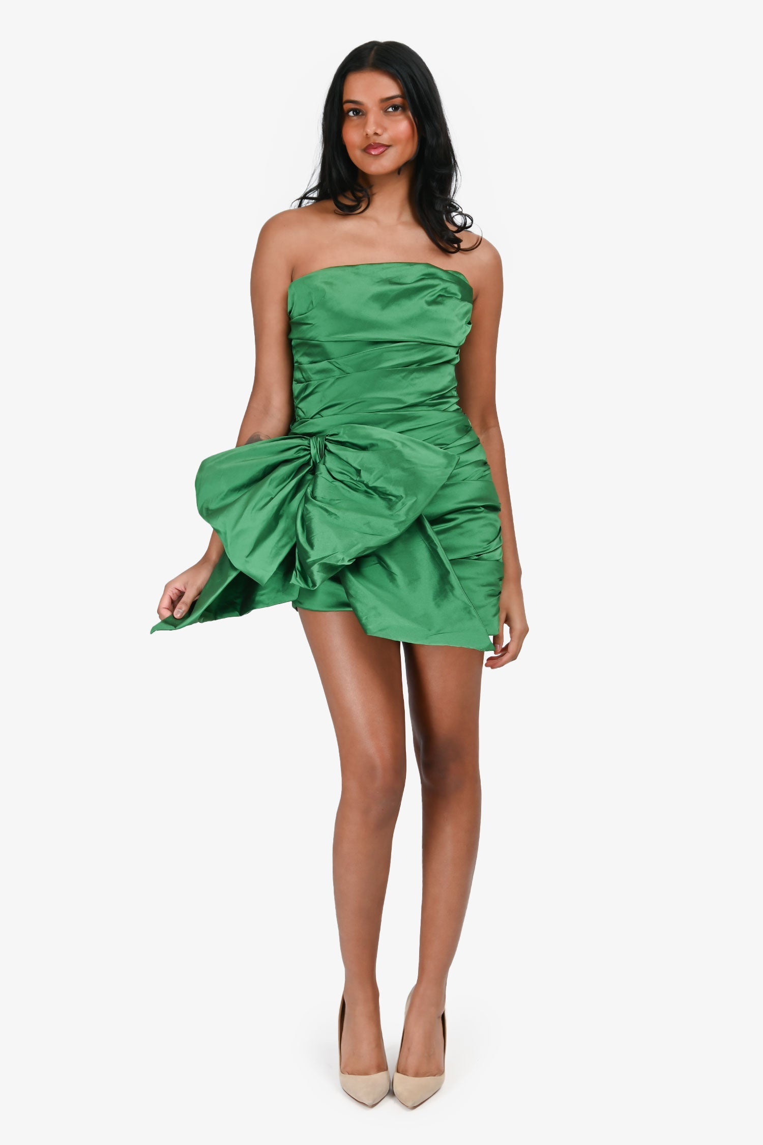Nicole Bakti Green Ruched Bow Strapless Mini Dress Size S