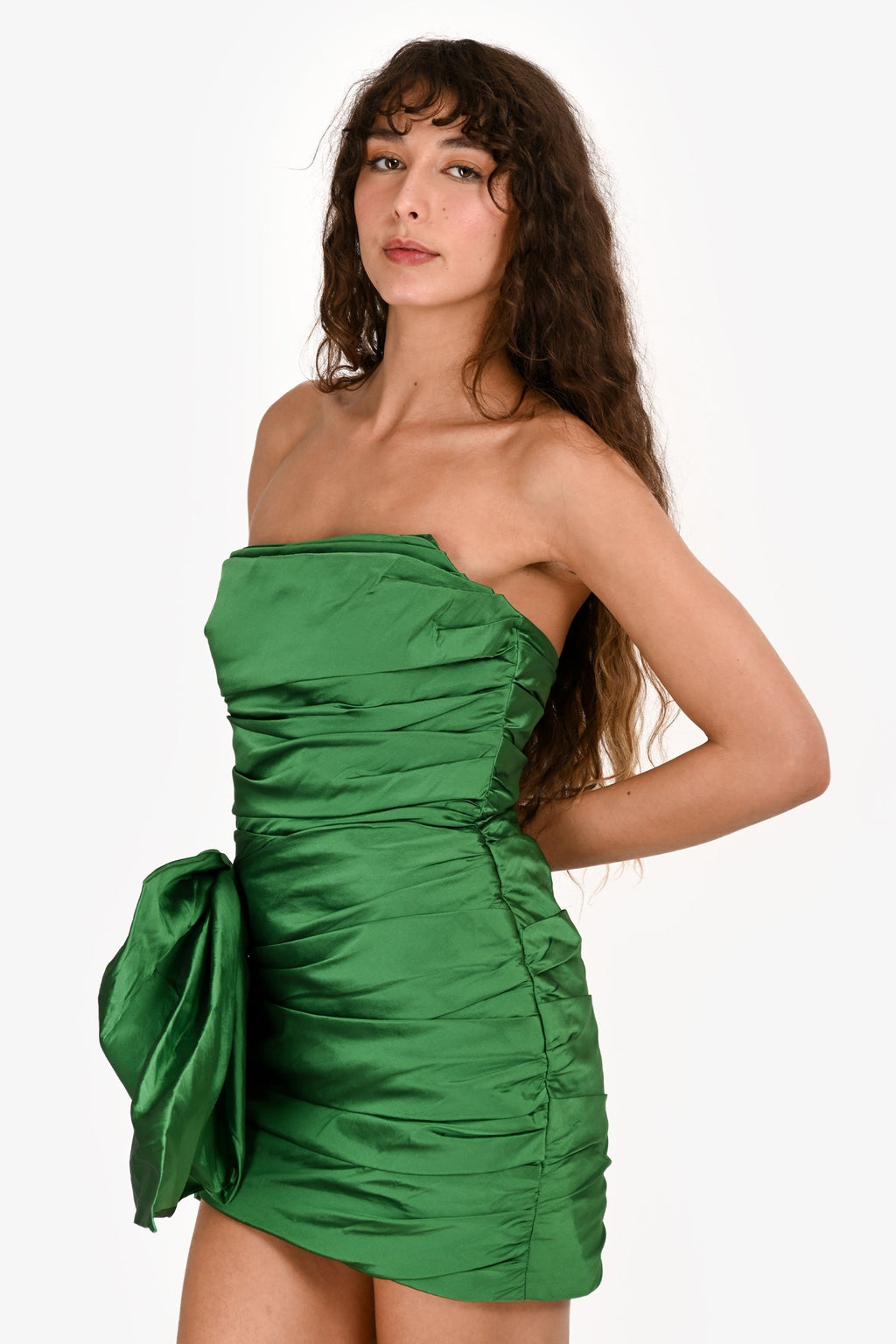 Nicole Bakti Green Ruched Bow Strapless Mini Dress Size L
