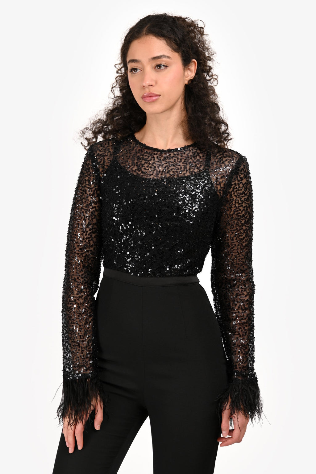 Elle Zeitoune Black 'Remi' Sequin/Feather Jumpsuit Size S