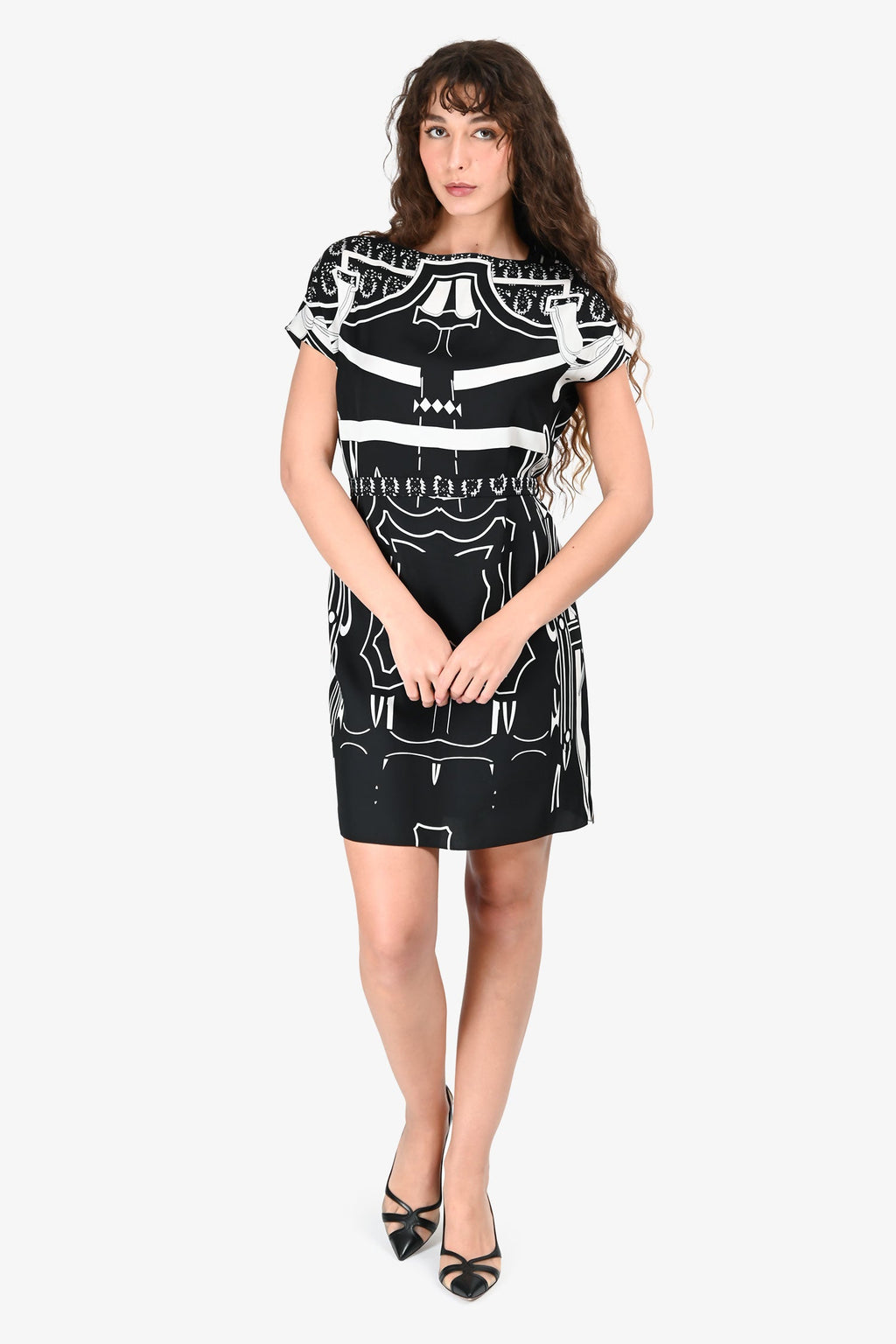 Hermès Black/White Silk Graphic Print Dress with Belt Size 36