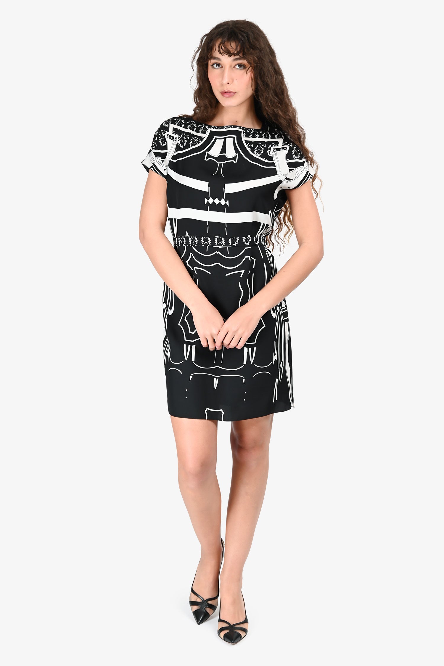 Hermès Black/White Silk Graphic Print Dress with Belt Size 36