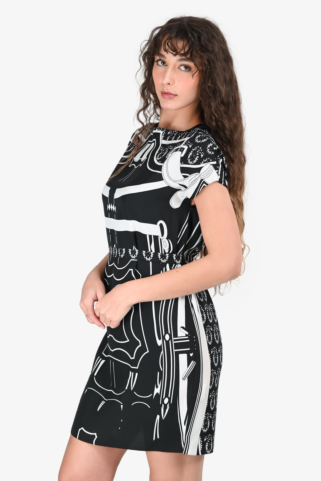 Hermès Black/White Silk Graphic Print Dress with Belt Size 36