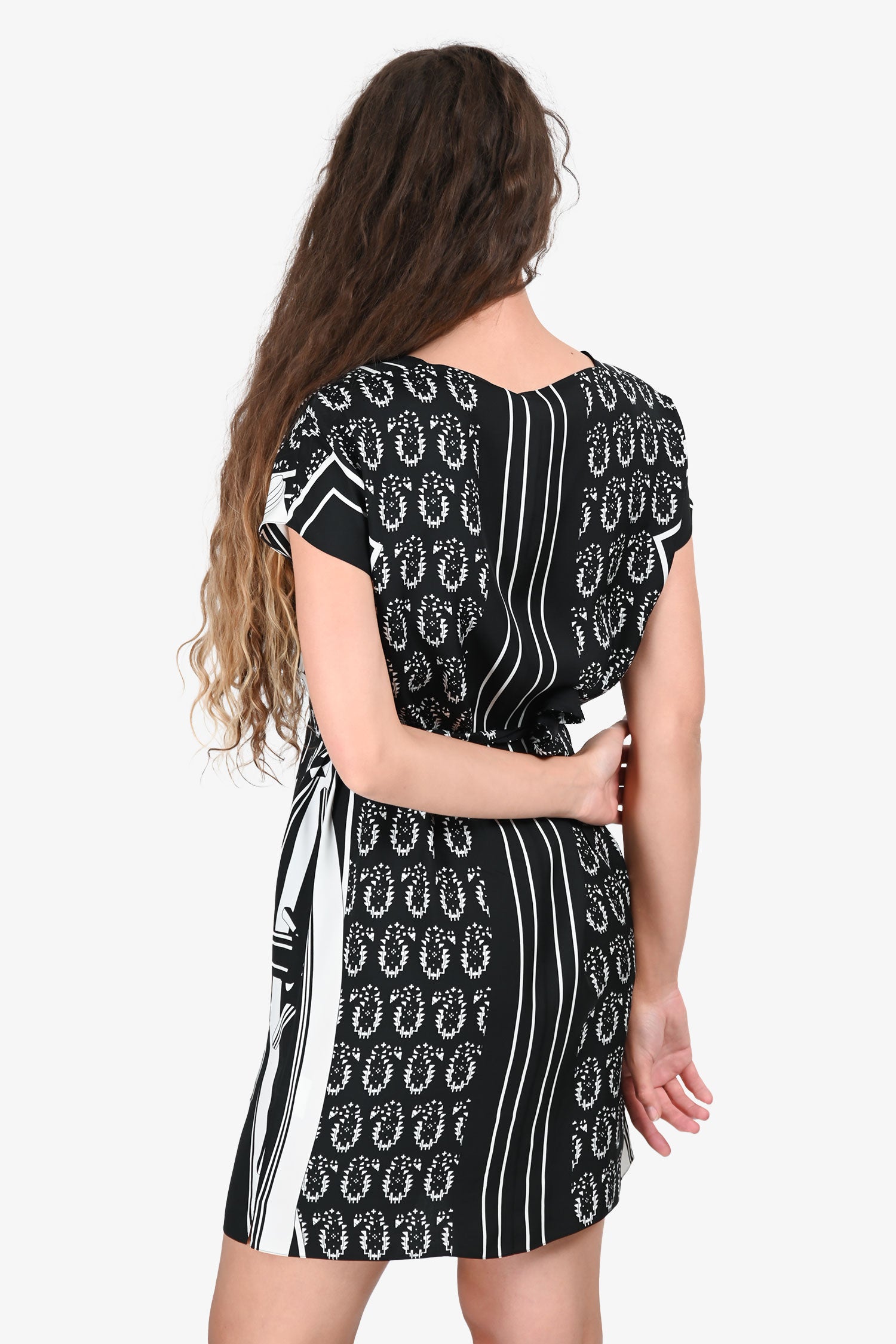 Hermès Black/White Silk Graphic Print Dress with Belt Size 36