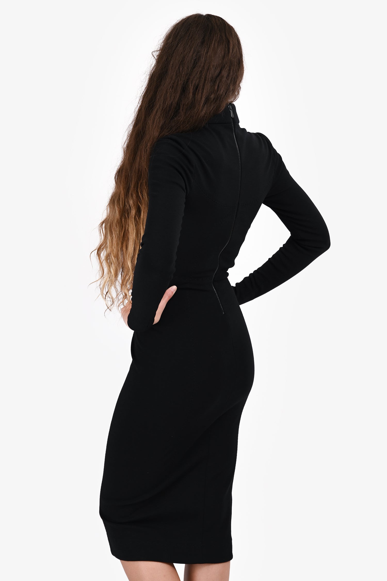 Bottega Veneta Black Wool High Neck Midi Dress Size 38 FR