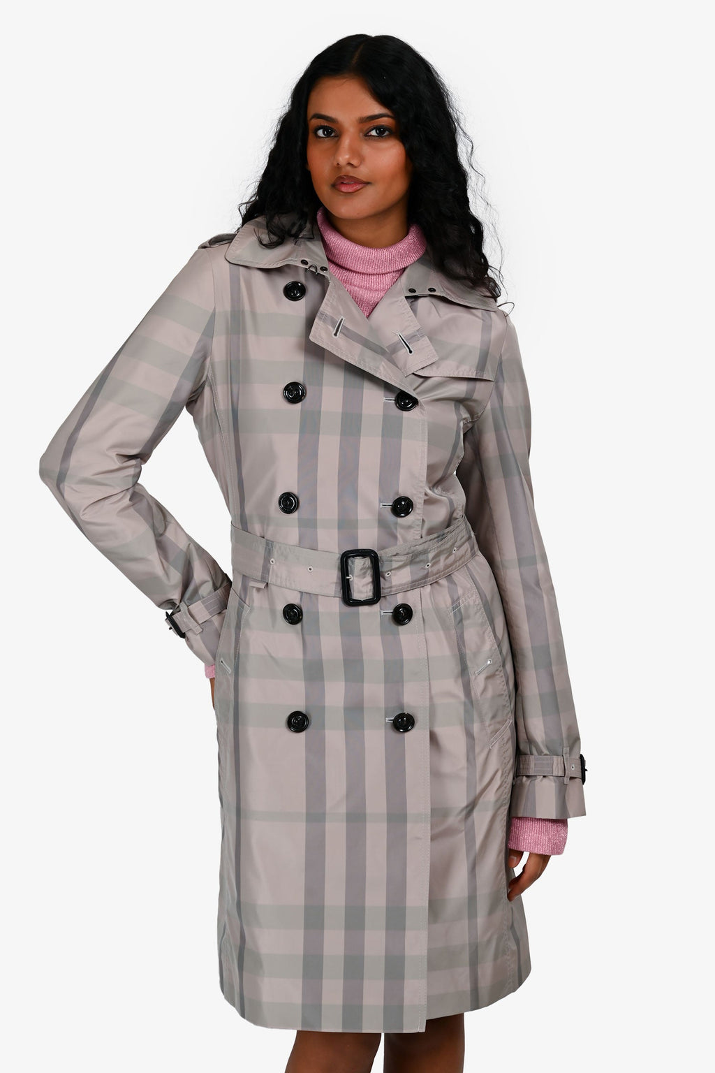 Burberry Taupe Nylon Tartan Pattern Trench Coat With Belt Size 4