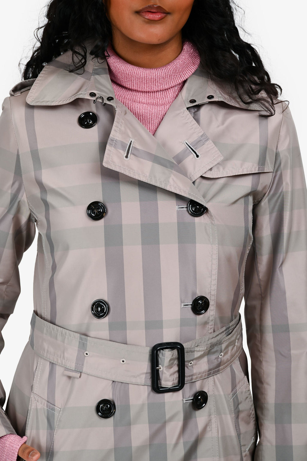 Burberry Taupe Nylon Tartan Pattern Trench Coat With Belt Size 4