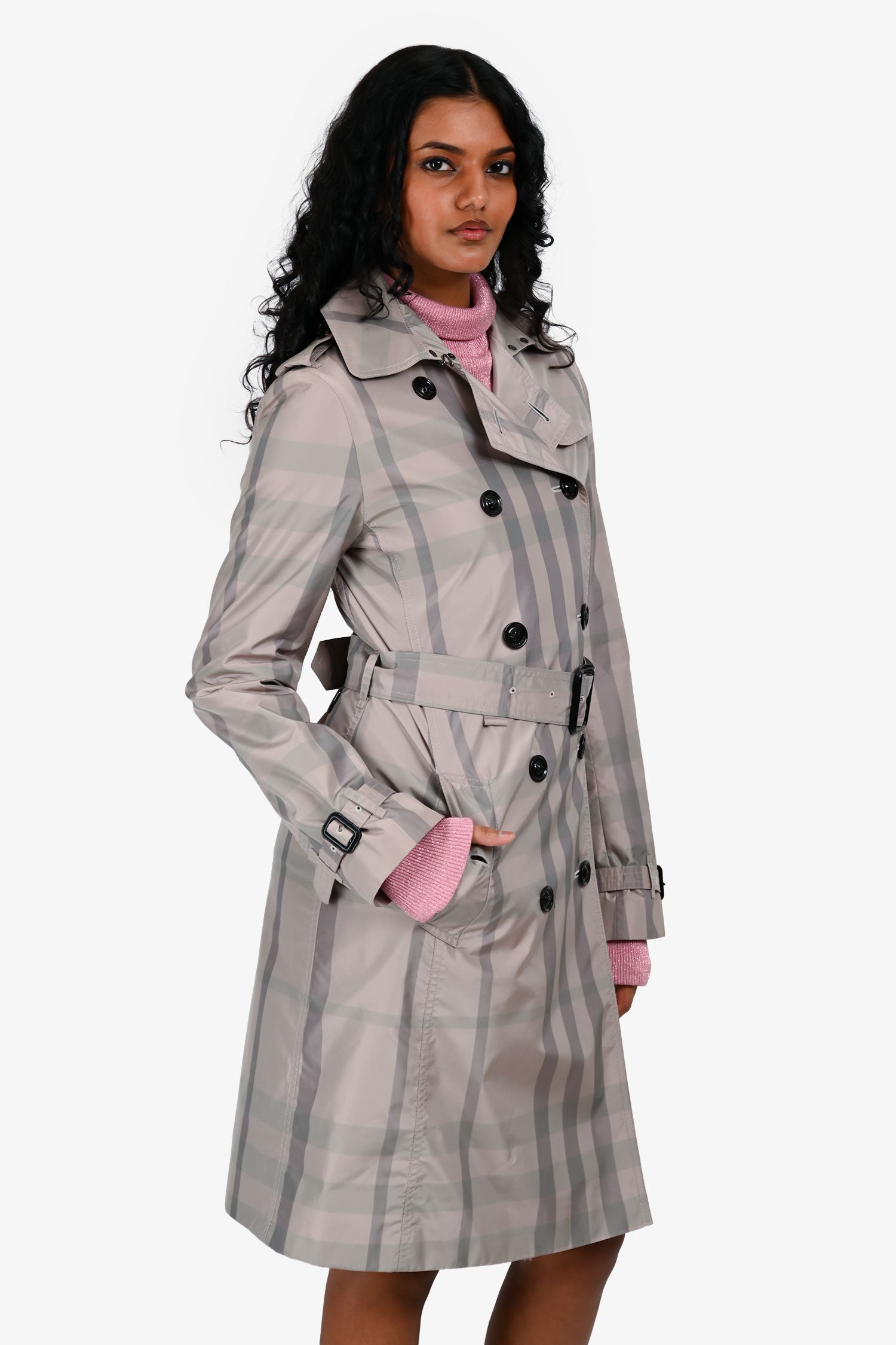 Burberry Taupe Nylon Tartan Pattern Trench Coat With Belt Size 4