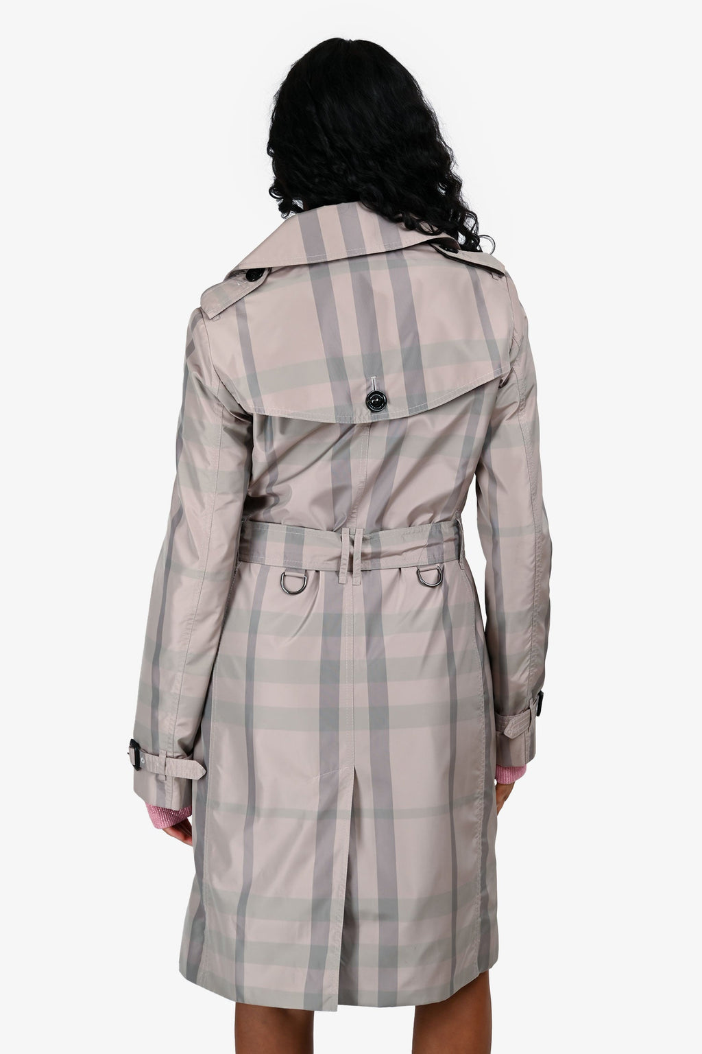 Burberry Taupe Nylon Tartan Pattern Trench Coat With Belt Size 4