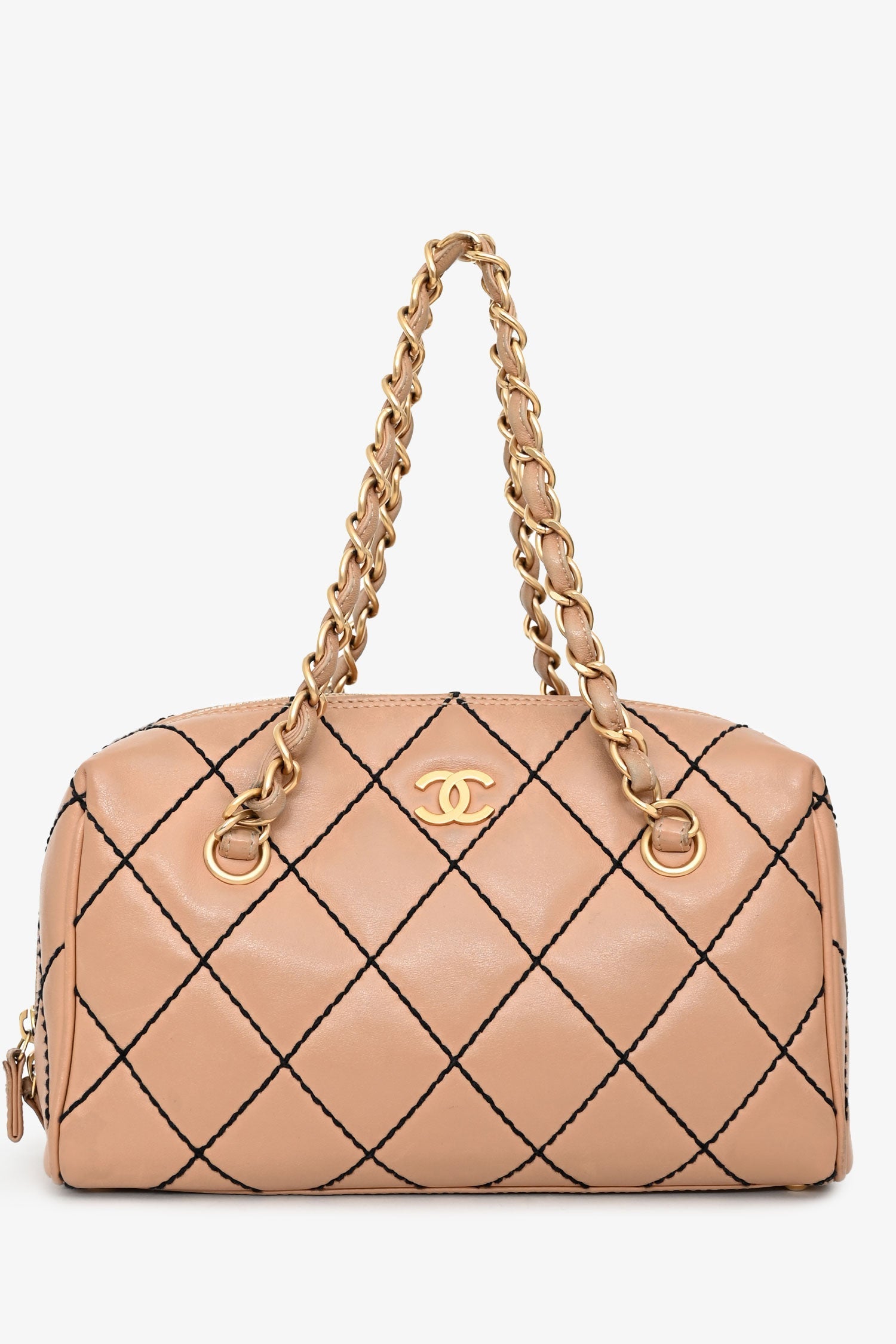 Pre-Loved Chanel™ 2003/2004 Cream Leather Wild Stitch Surpique Bowler Bag