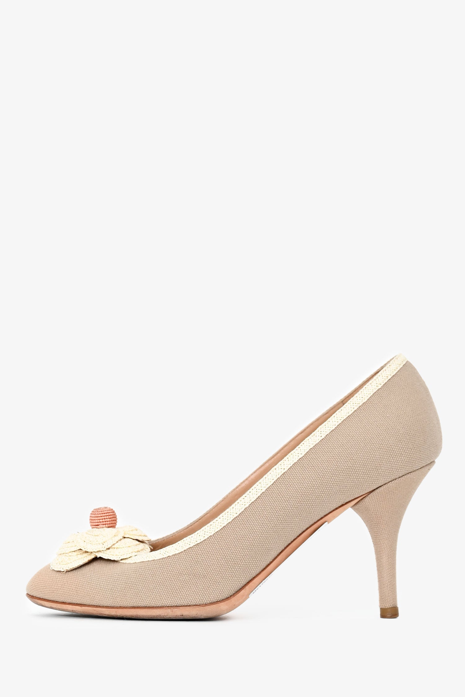 Pre-Loved Chanel™ Vintage Cream Canvas Crochet Flower CC Pumps Size 35.5
