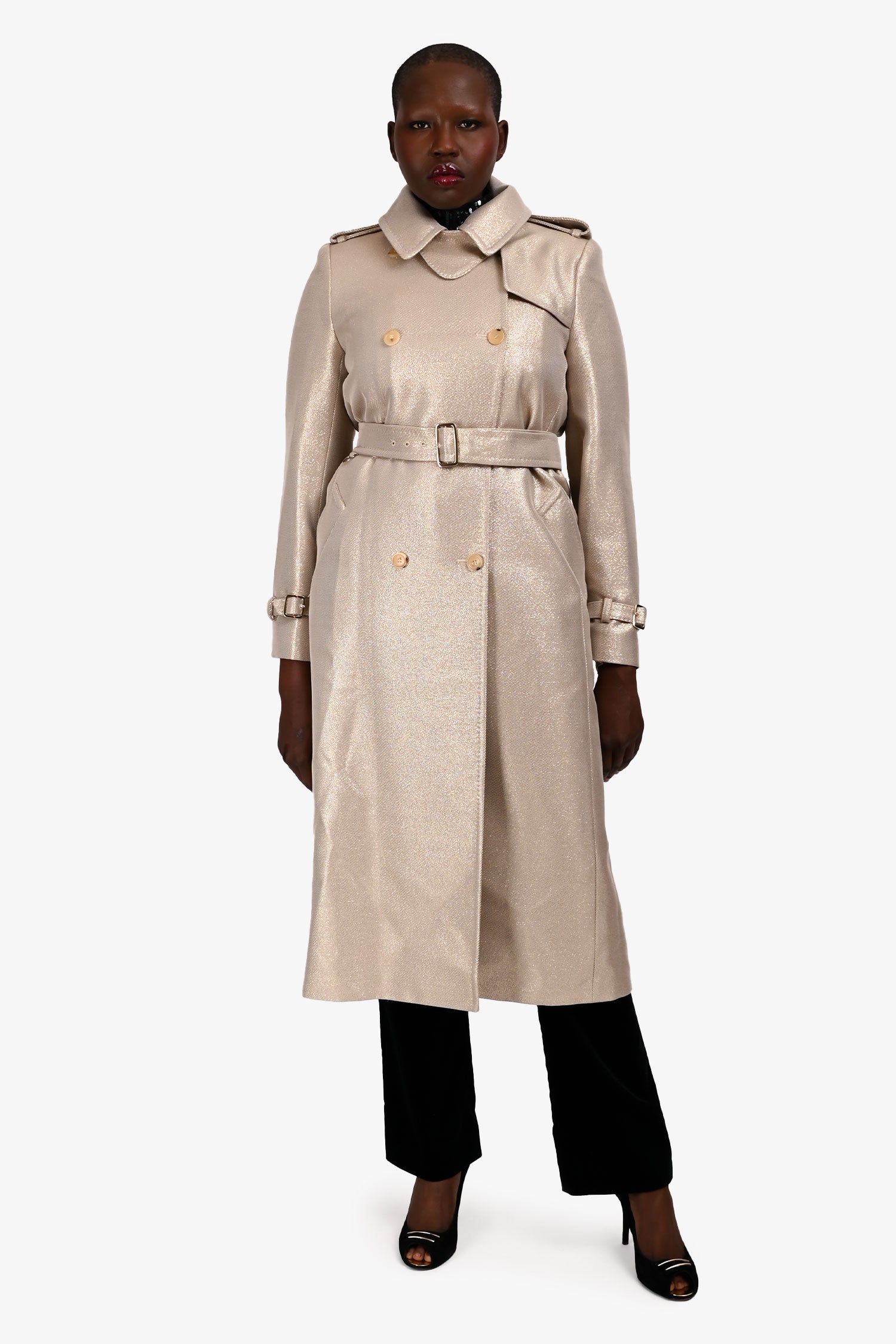 Max Mara Metallic Gold Wool Double Breasted Belted Coat Size 8