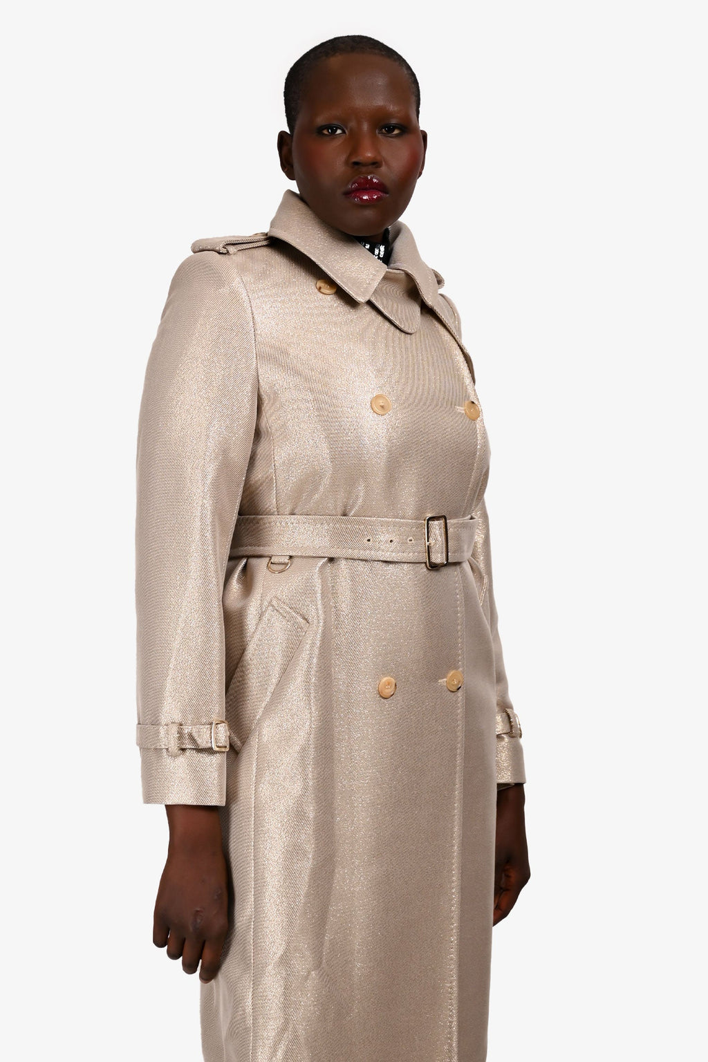 Max Mara Metallic Gold Wool Double Breasted Belted Coat Size 8