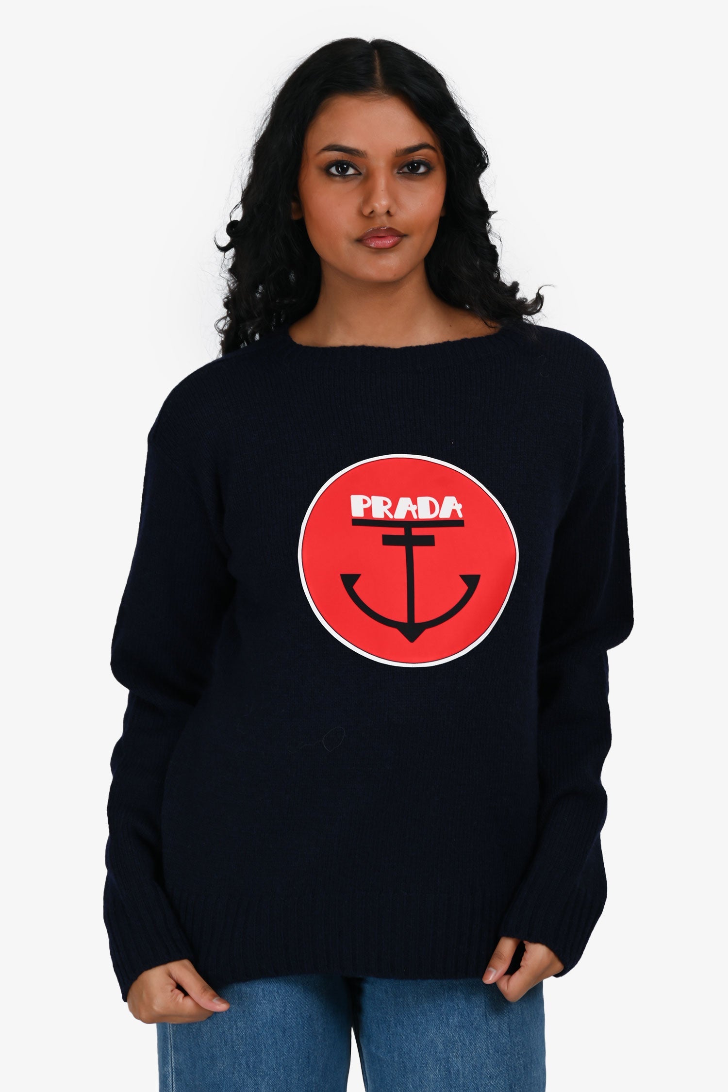 Prada 2018 Navy Wool Anchor Print Logo Sweater Size 46