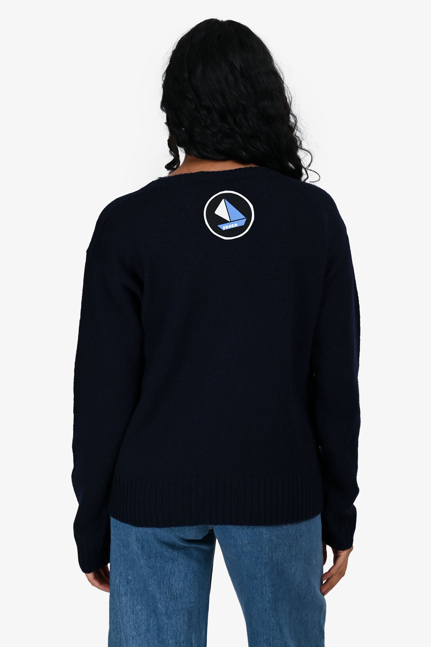 Prada 2018 Navy Wool Anchor Print Logo Sweater Size 46