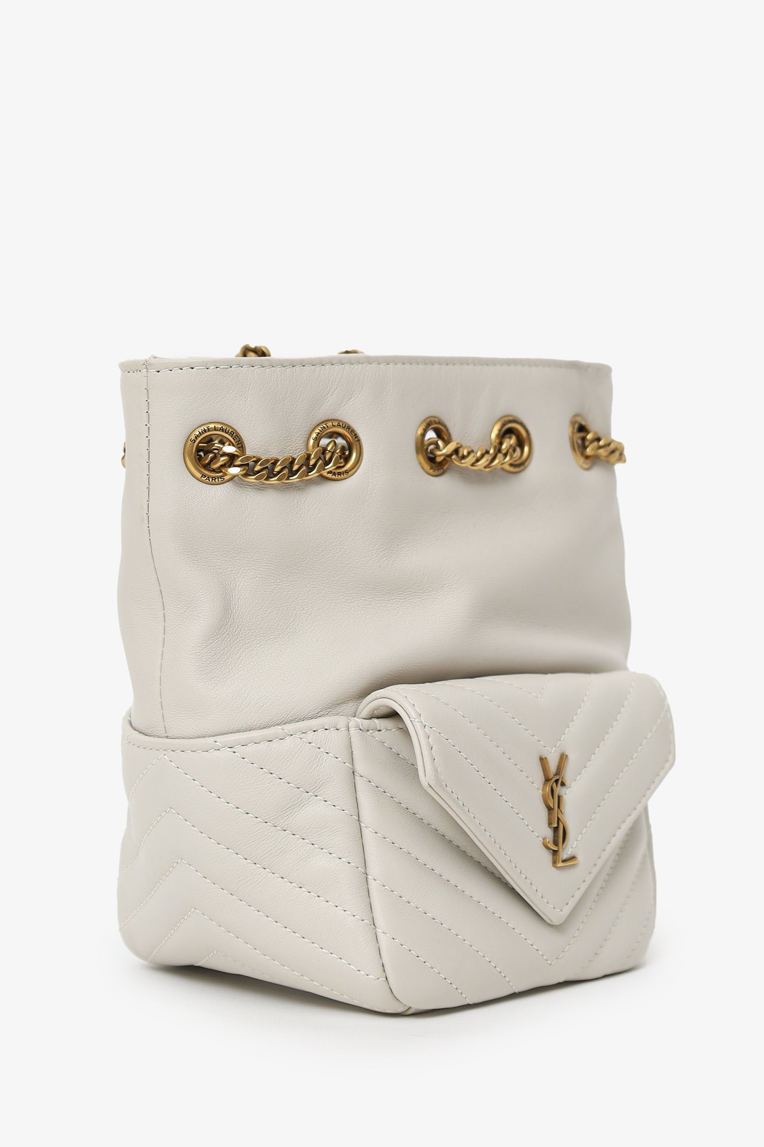 Saint Laurent Light Grey Joy Matelassé Leather Mini Bucket Bag