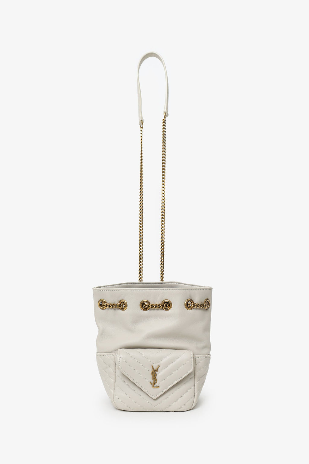 Saint Laurent Light Grey Joy Matelassé Leather Mini Bucket Bag