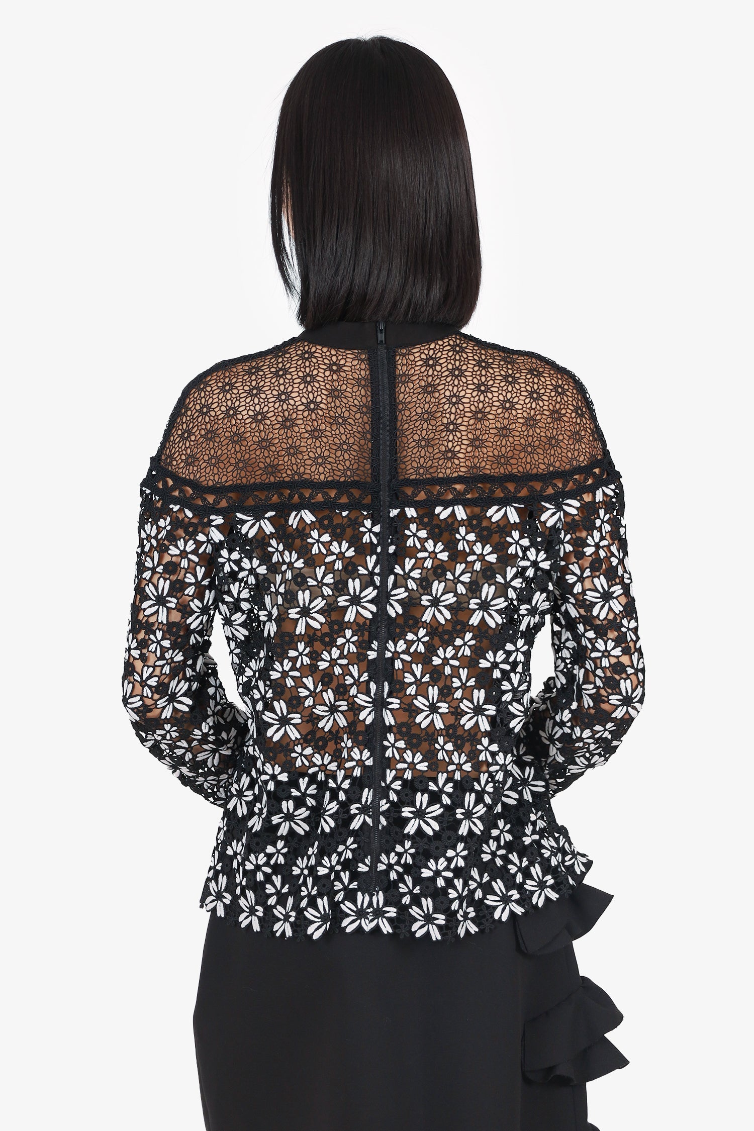 Lace Detail Black/White Floral Lace Long Sleeve Top Estimated Size M