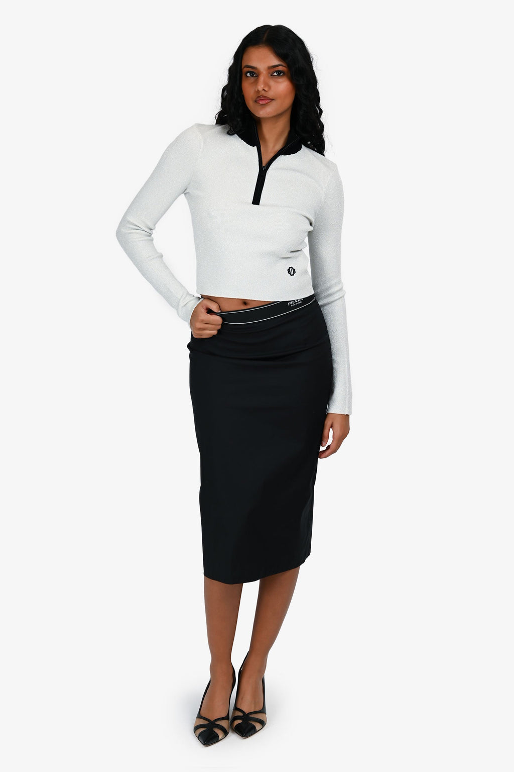 Prada 2021 Black Nylon Logo Waistband Midi Skirt Size 38