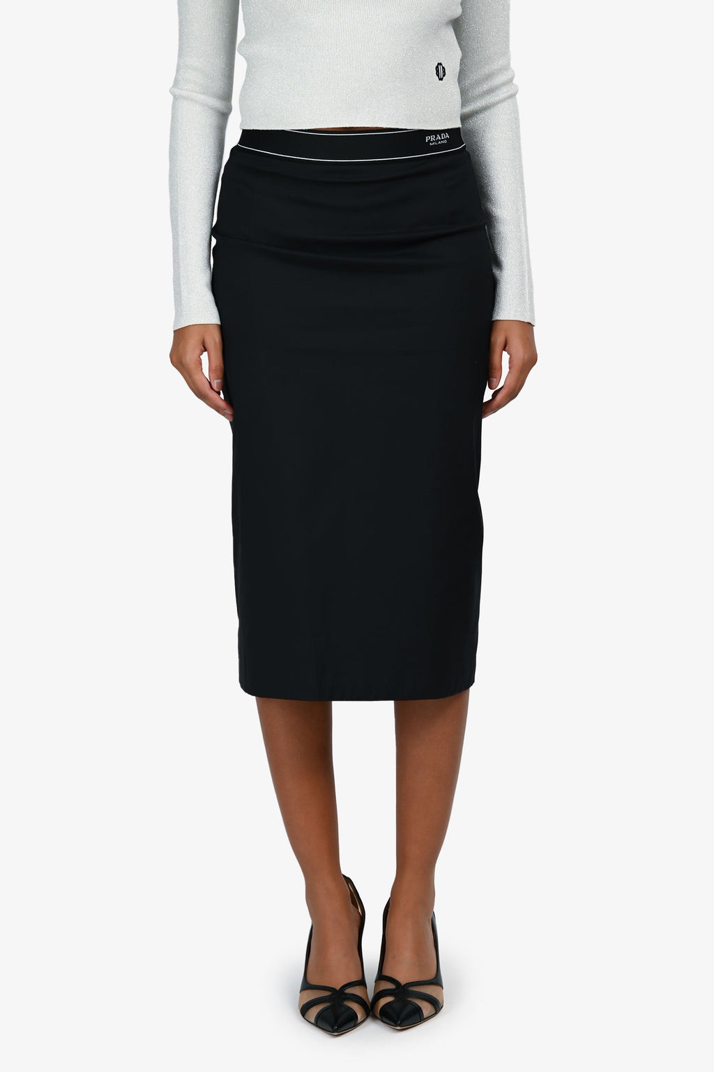 Prada 2021 Black Nylon Logo Waistband Midi Skirt Size 38
