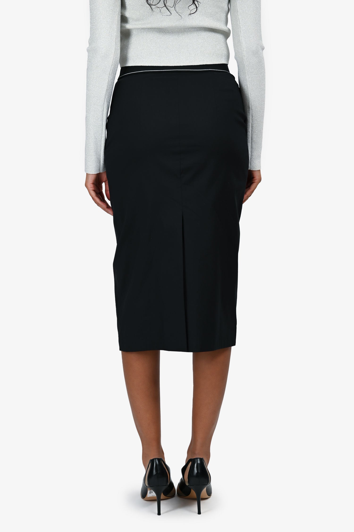 Prada 2021 Black Nylon Logo Waistband Midi Skirt Size 38