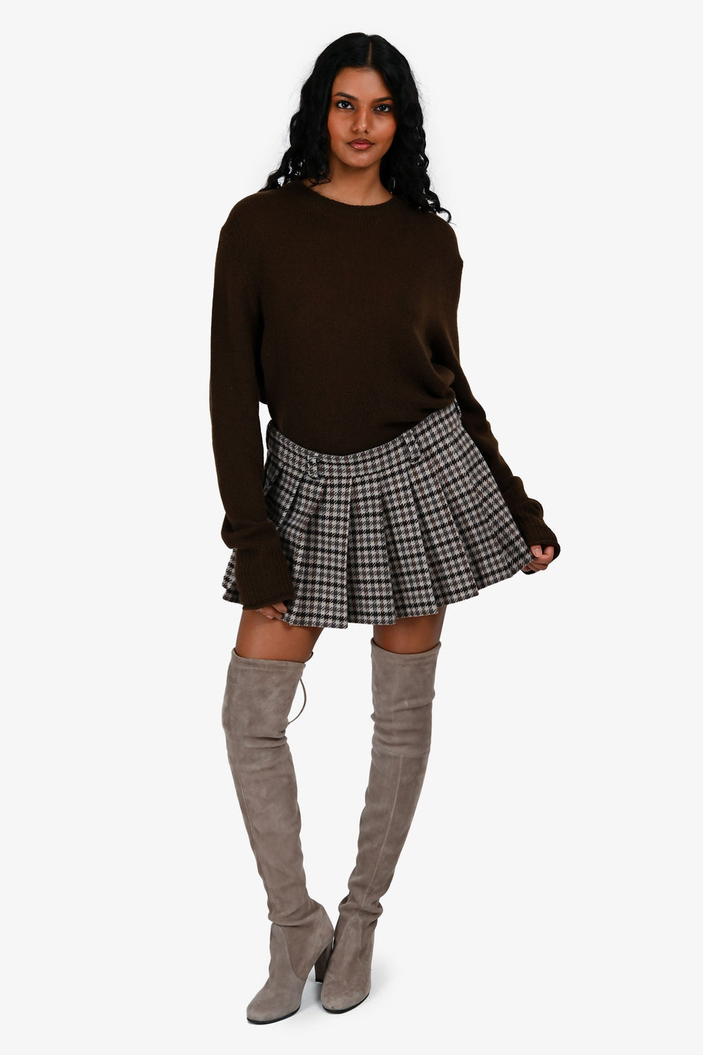 Miu Miu 2023 Brown/Grey Houndstooth Wool Pleated Mini Skirt Size 38