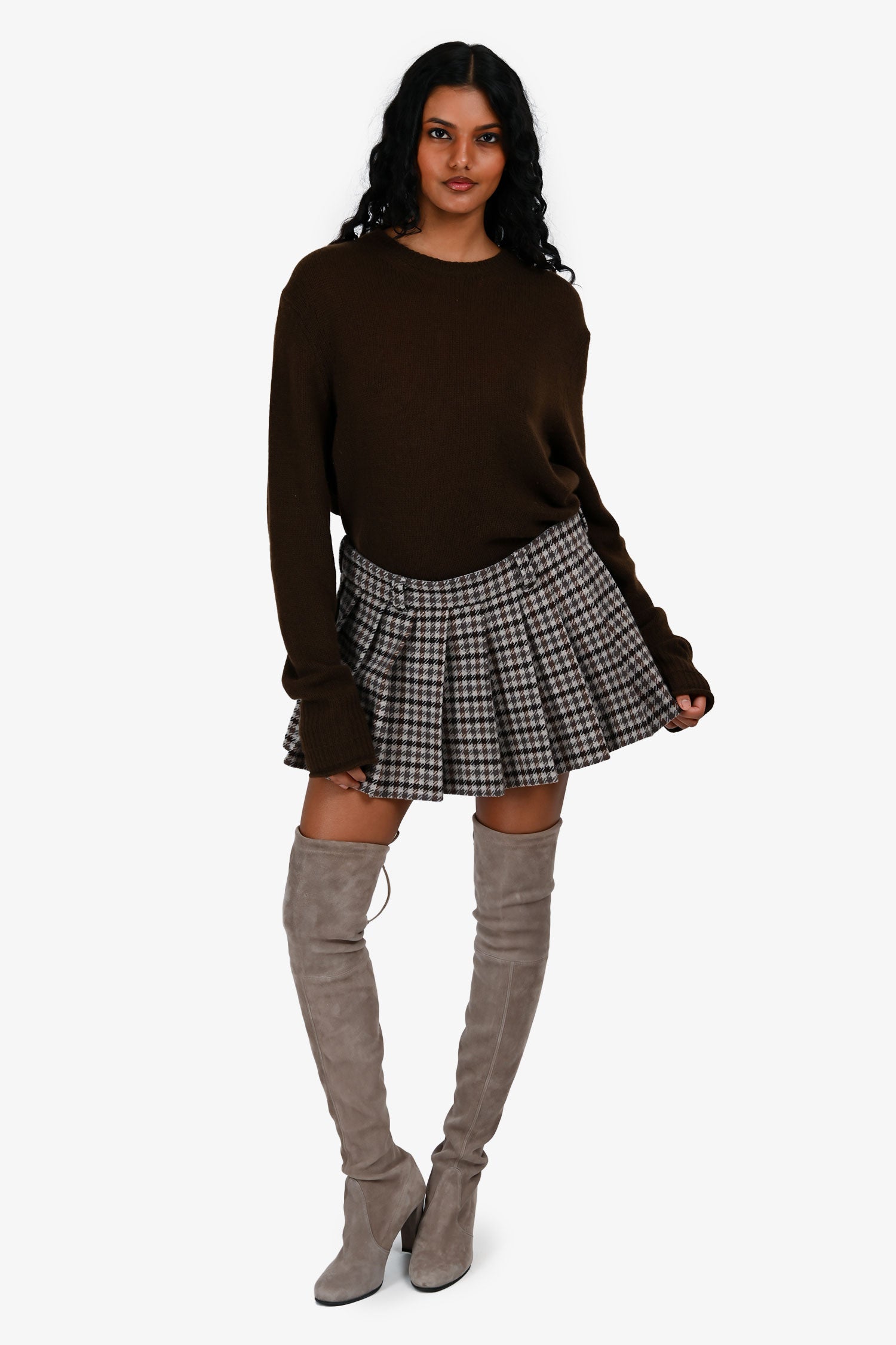 Miu Miu 2023 Brown/Grey Houndstooth Wool Pleated Mini Skirt Size 38