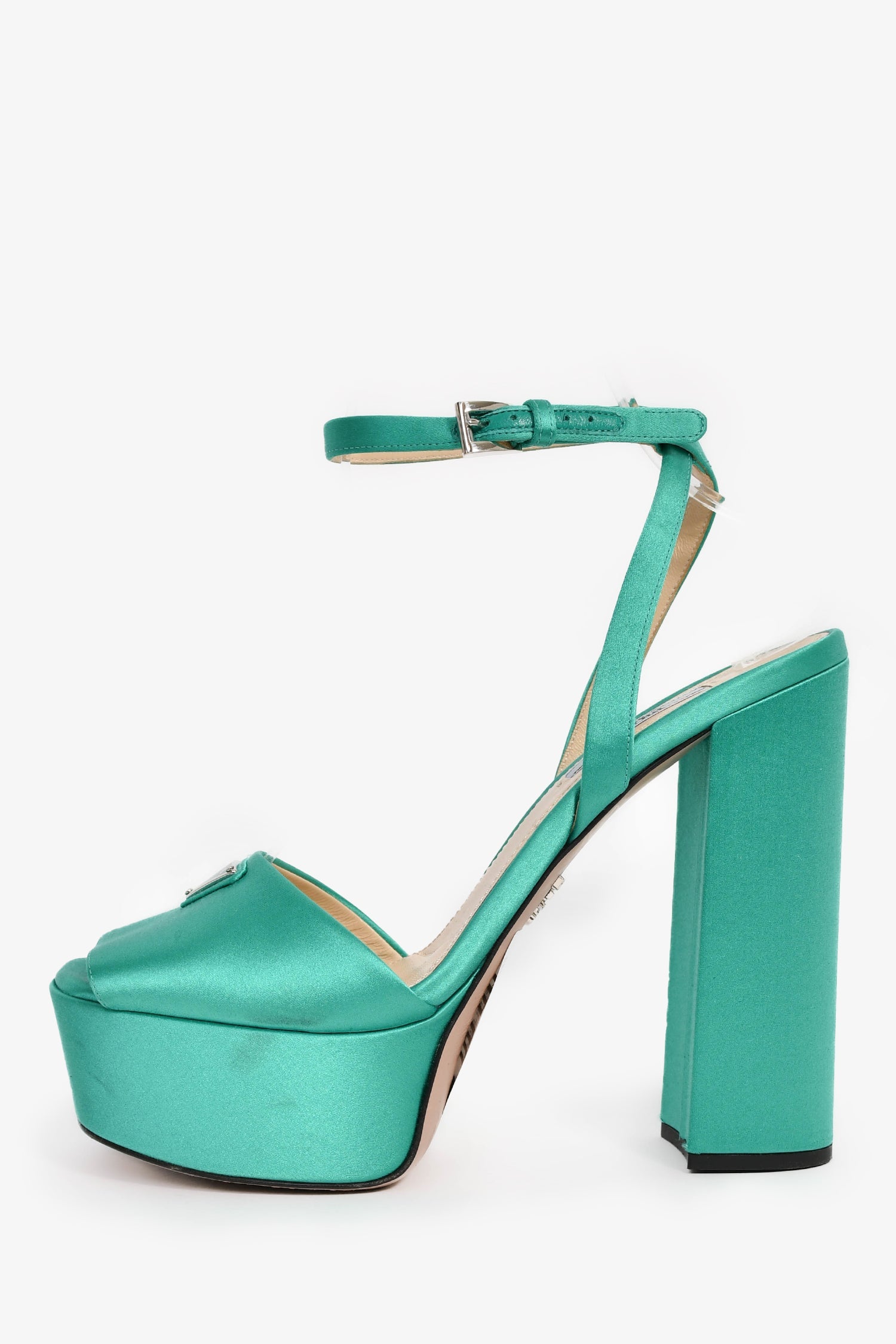 Prada Green Satin Triangle Heeled Platform Heels Size 38.5