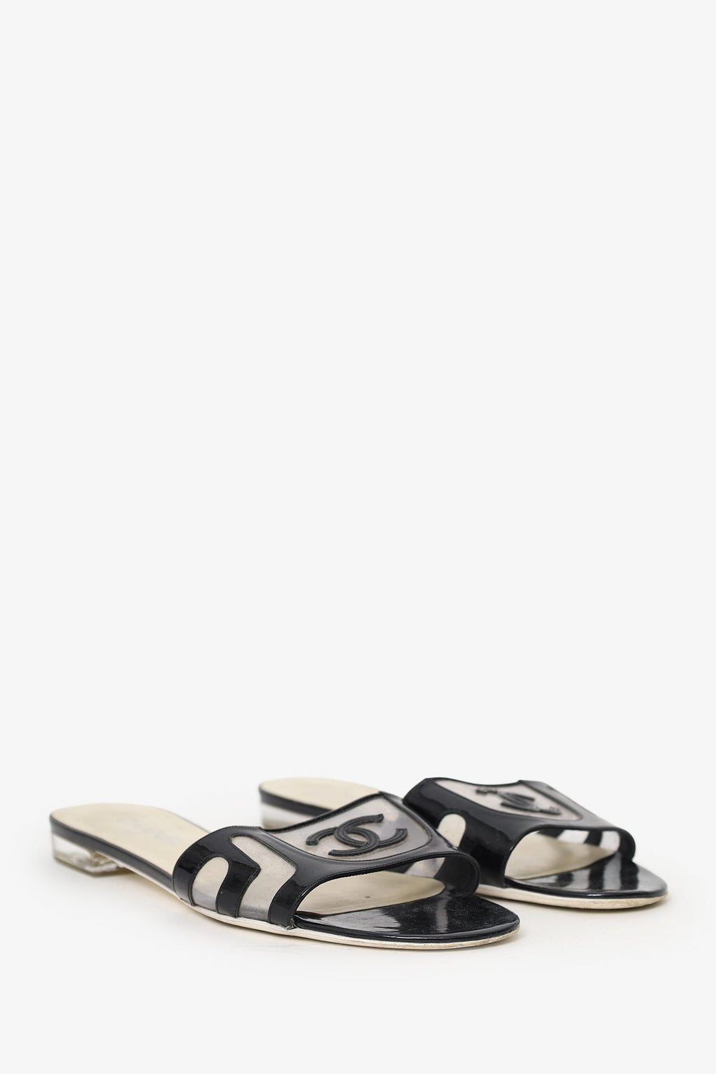 Pre-Loved Chanel™ Black Patent Leather/PVC 'CC' Slides Size 40