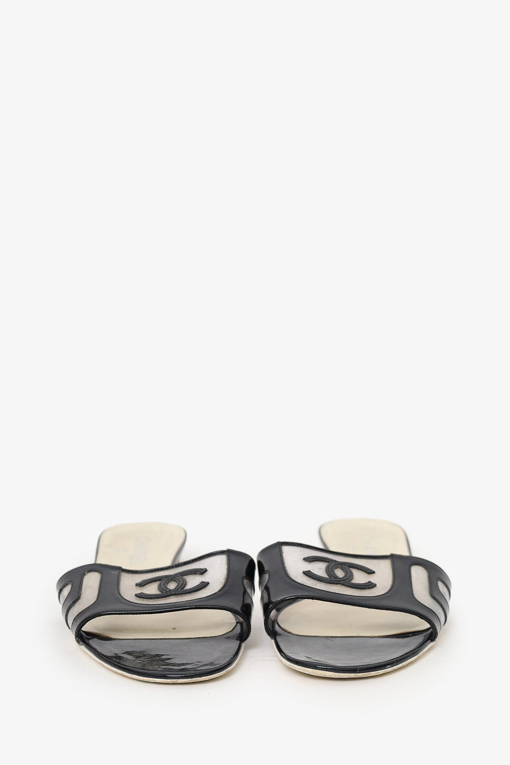 Pre-Loved Chanel™ Black Patent Leather/PVC 'CC' Slides Size 40