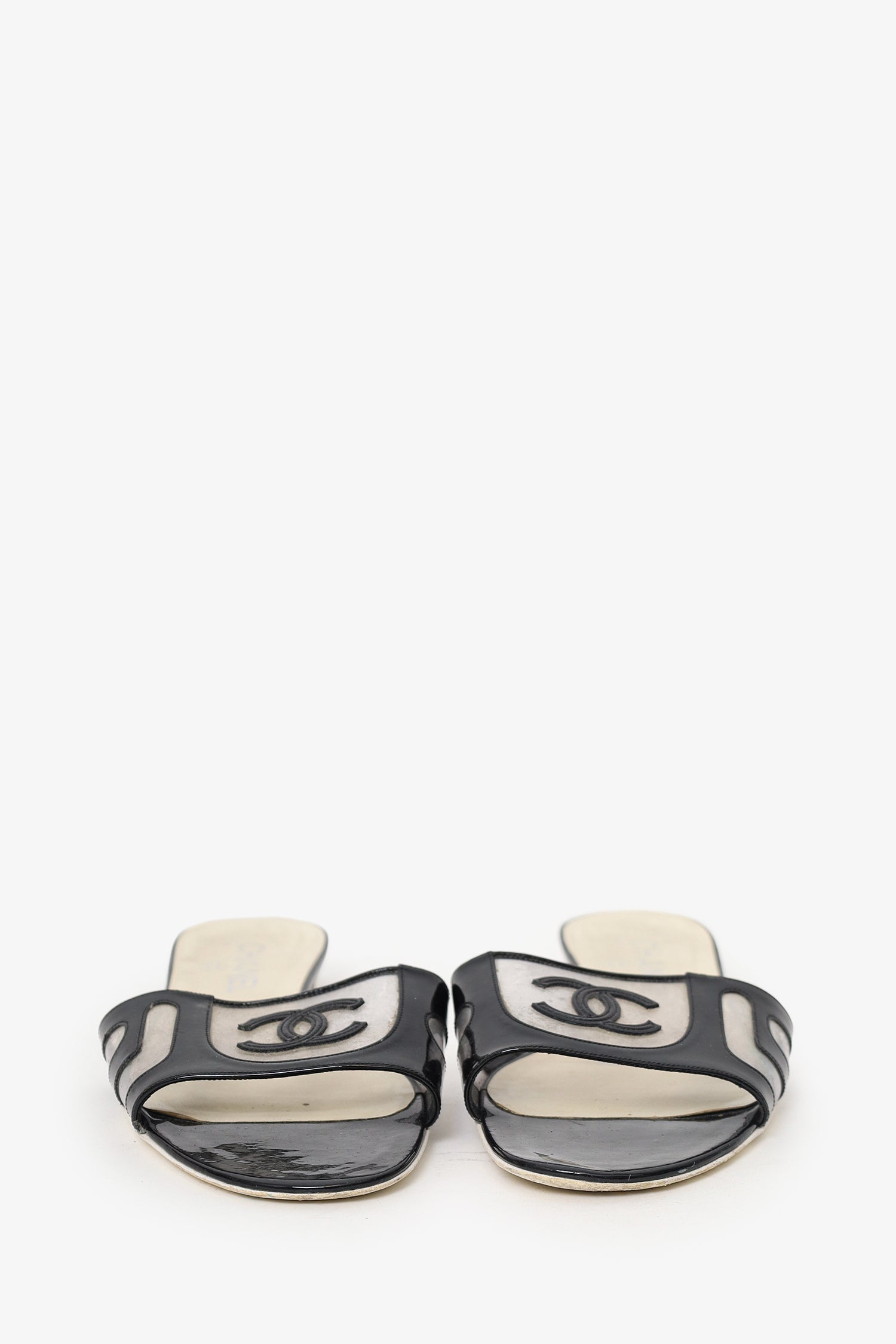 Pre-Loved Chanel™ Black Patent Leather/PVC 'CC' Slides Size 40