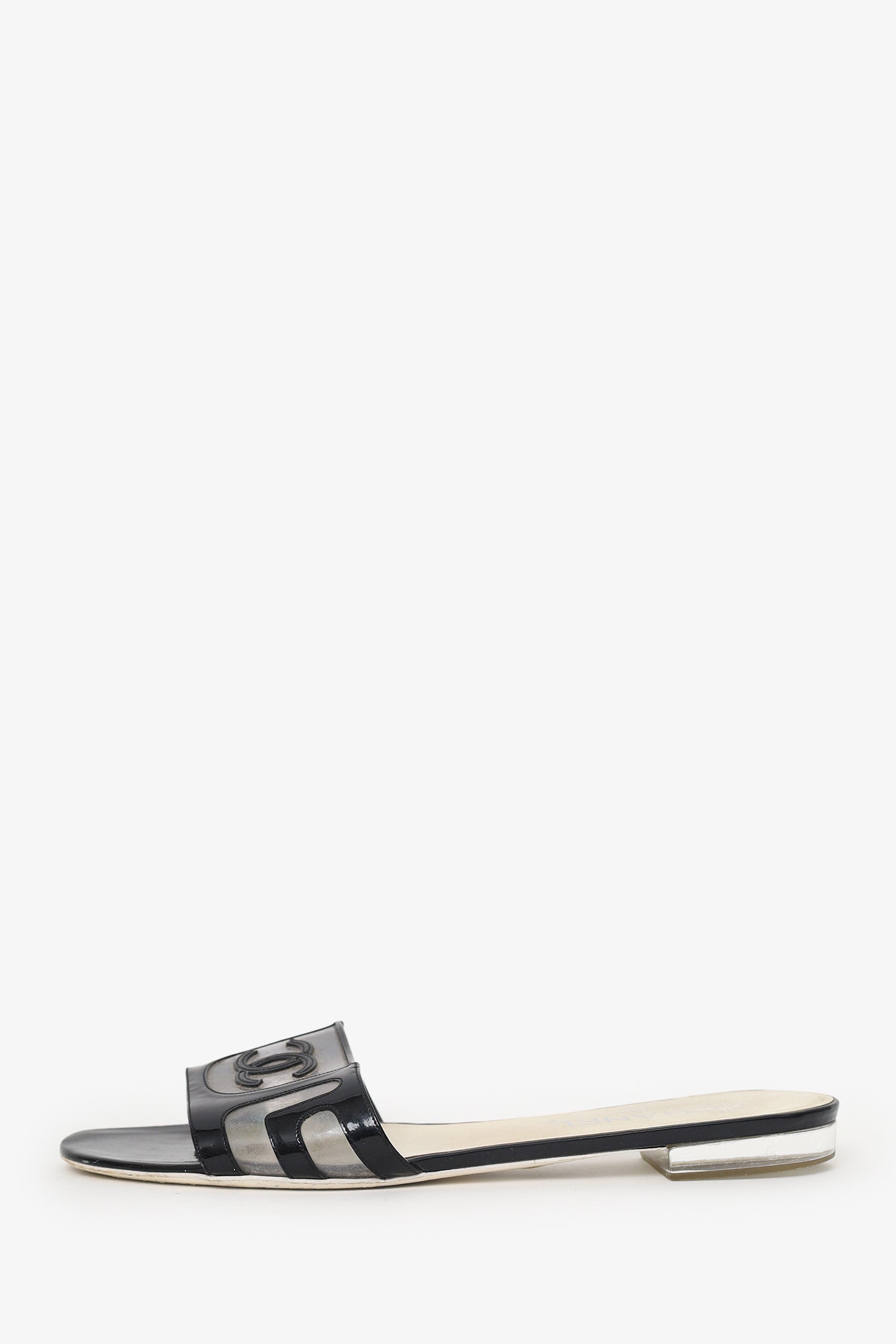 Pre-Loved Chanel™ Black Patent Leather/PVC 'CC' Slides Size 40
