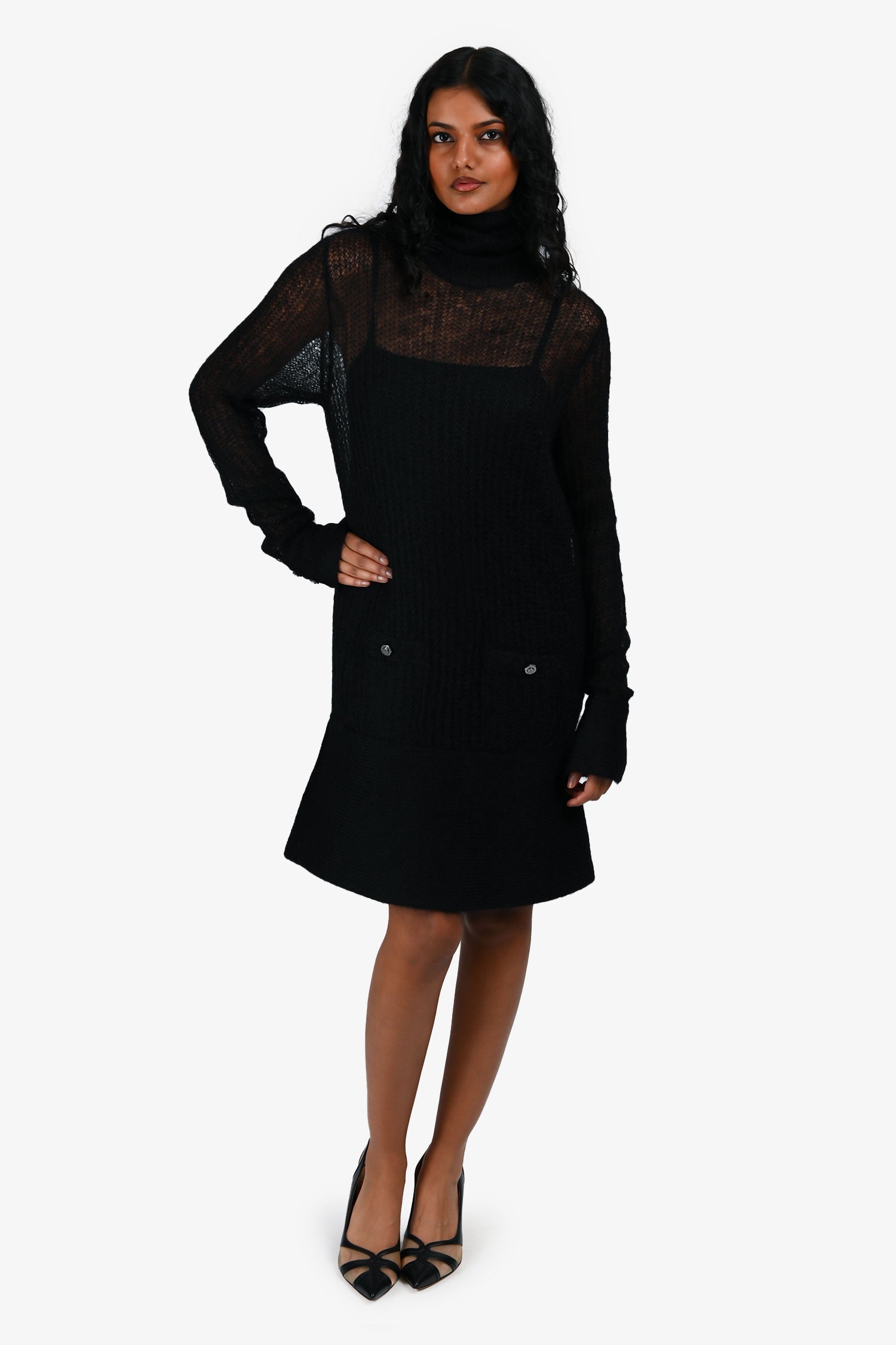Pre-Loved Chanel™ Black Mohair Long Sleeve Turtleneck Mid Length Sweater Dress Size 38