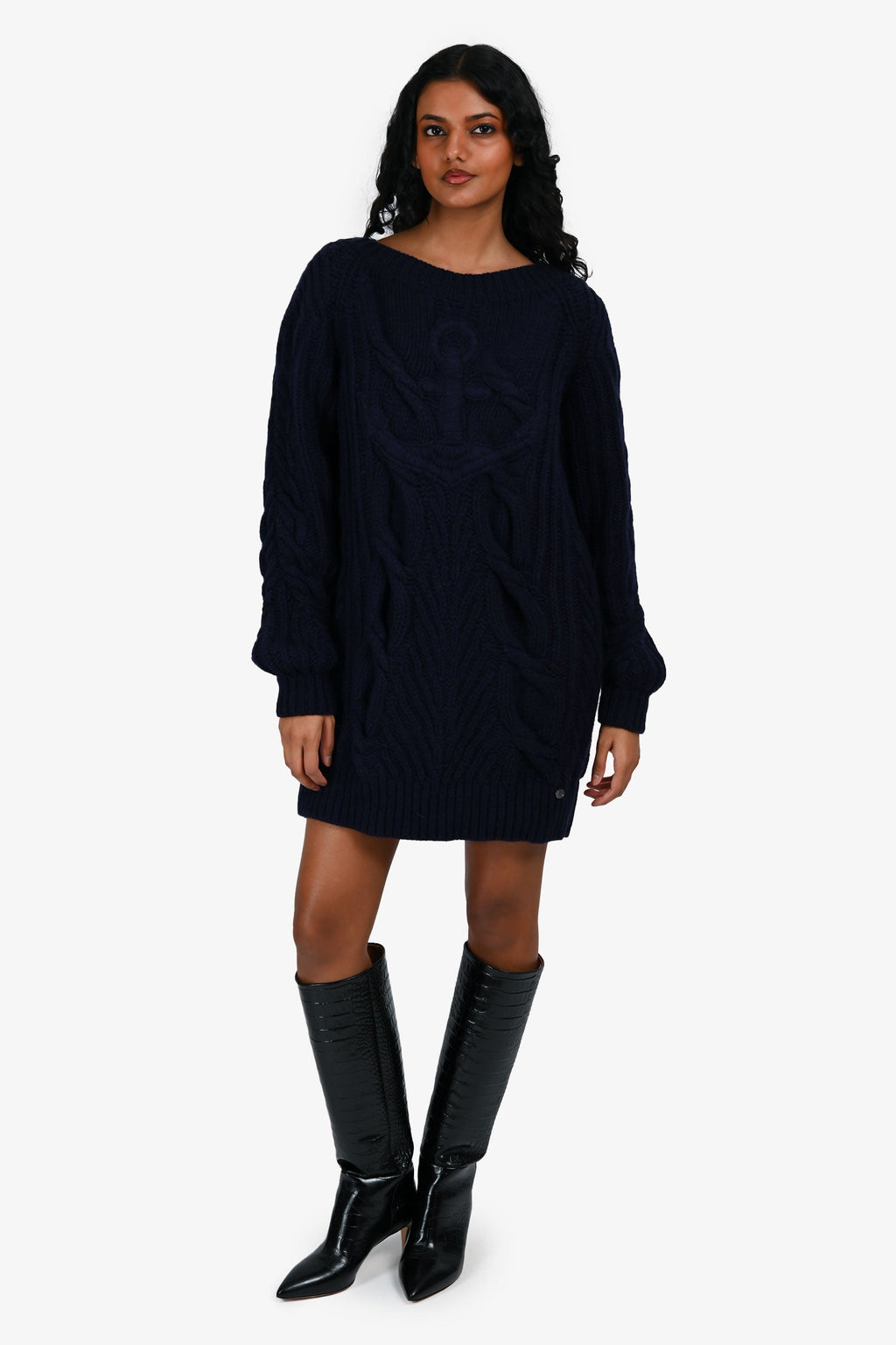 Pre-Loved Chanel™ 2018 Runway Navy Wool/Cashmere Cable Knit 'Anchor' Sweater Dress Size 34