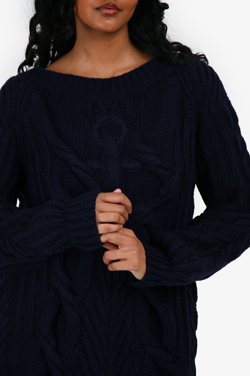Pre-Loved Chanel™ 2018 Runway Navy Wool/Cashmere Cable Knit 'Anchor' Sweater Dress Size 34