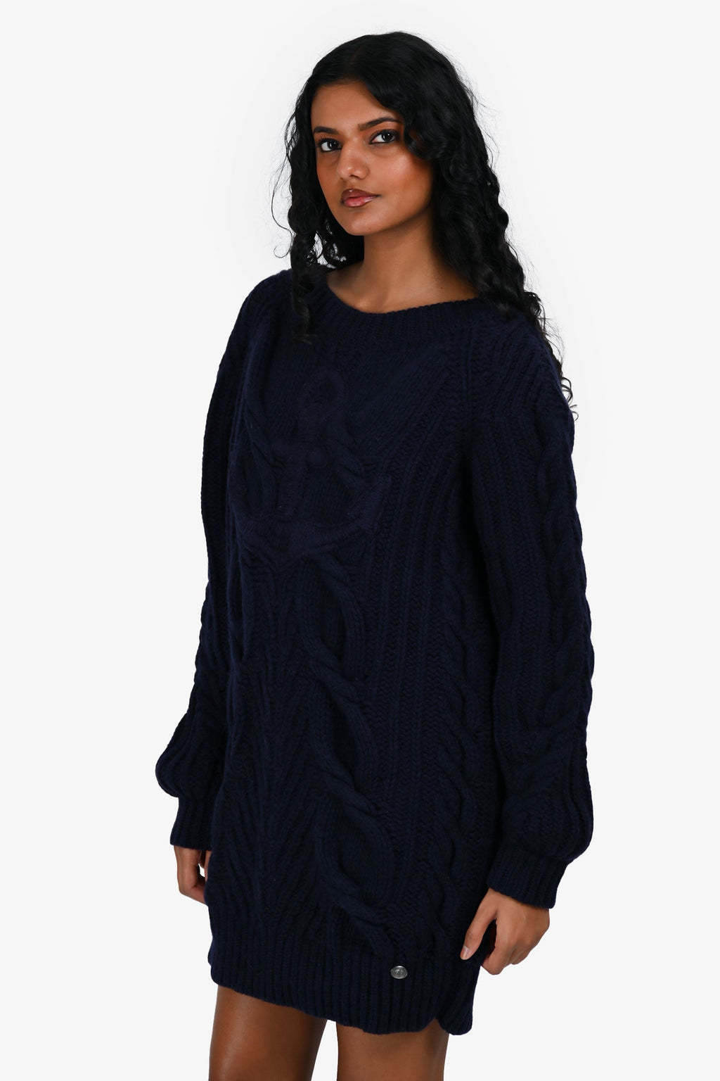 Pre-Loved Chanel™ 2018 Runway Navy Wool/Cashmere Cable Knit 'Anchor' Sweater Dress Size 34