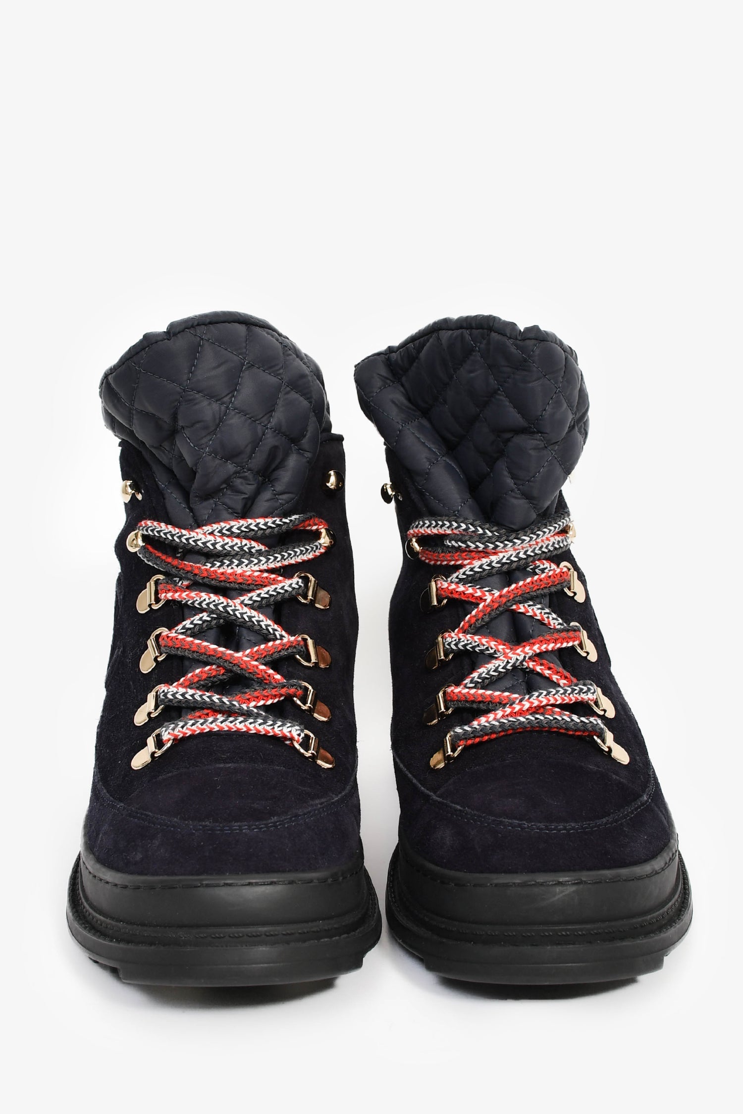 Pre-Loved Chanel™ 2020 Navy Suede Nylon Quilted 'Convertible Spike' Snow Boots Size 36.5