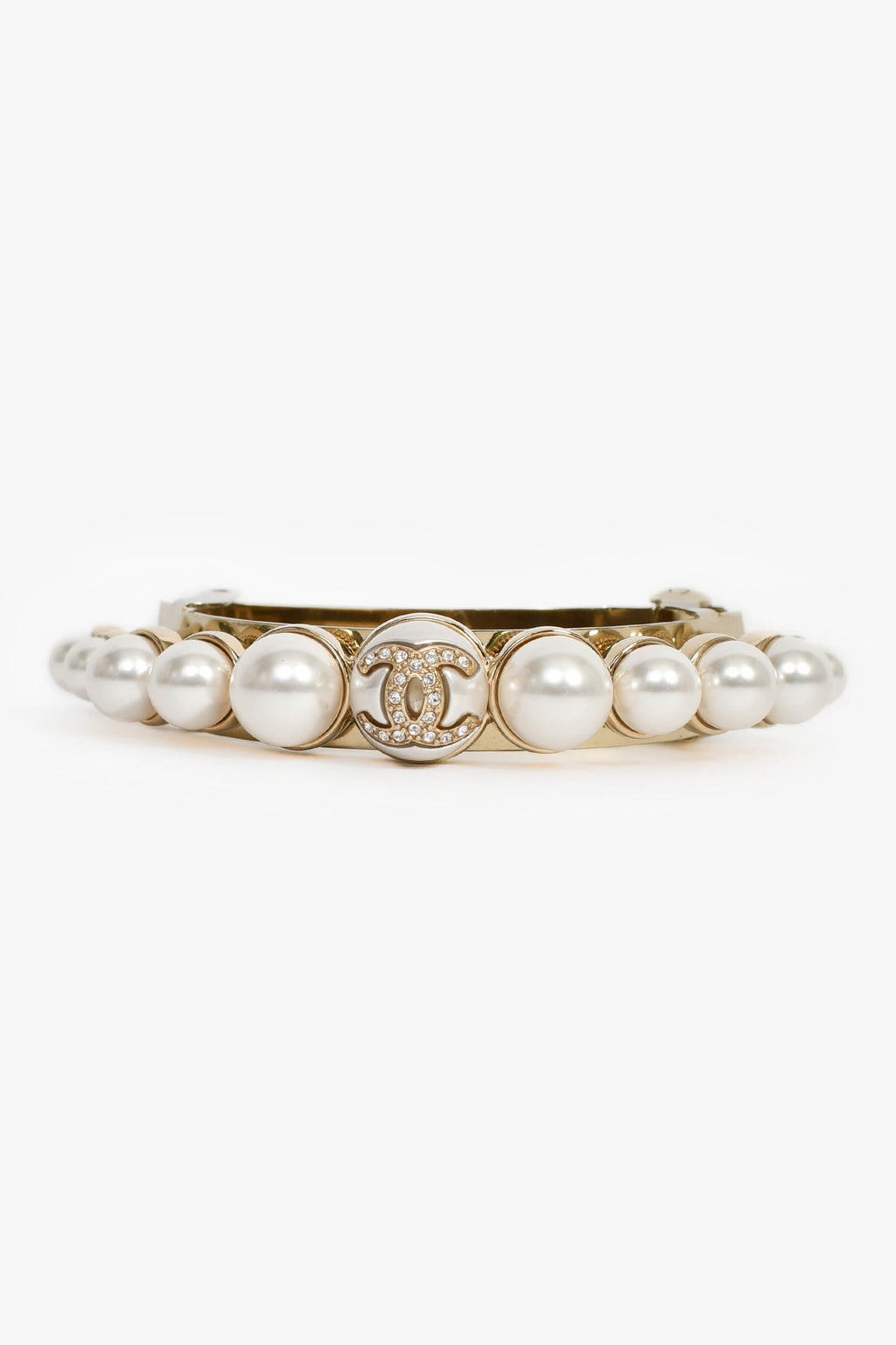 Pre-Loved Chanel™ Gold Tone Faux Pearl CC Crystal Hair Clip