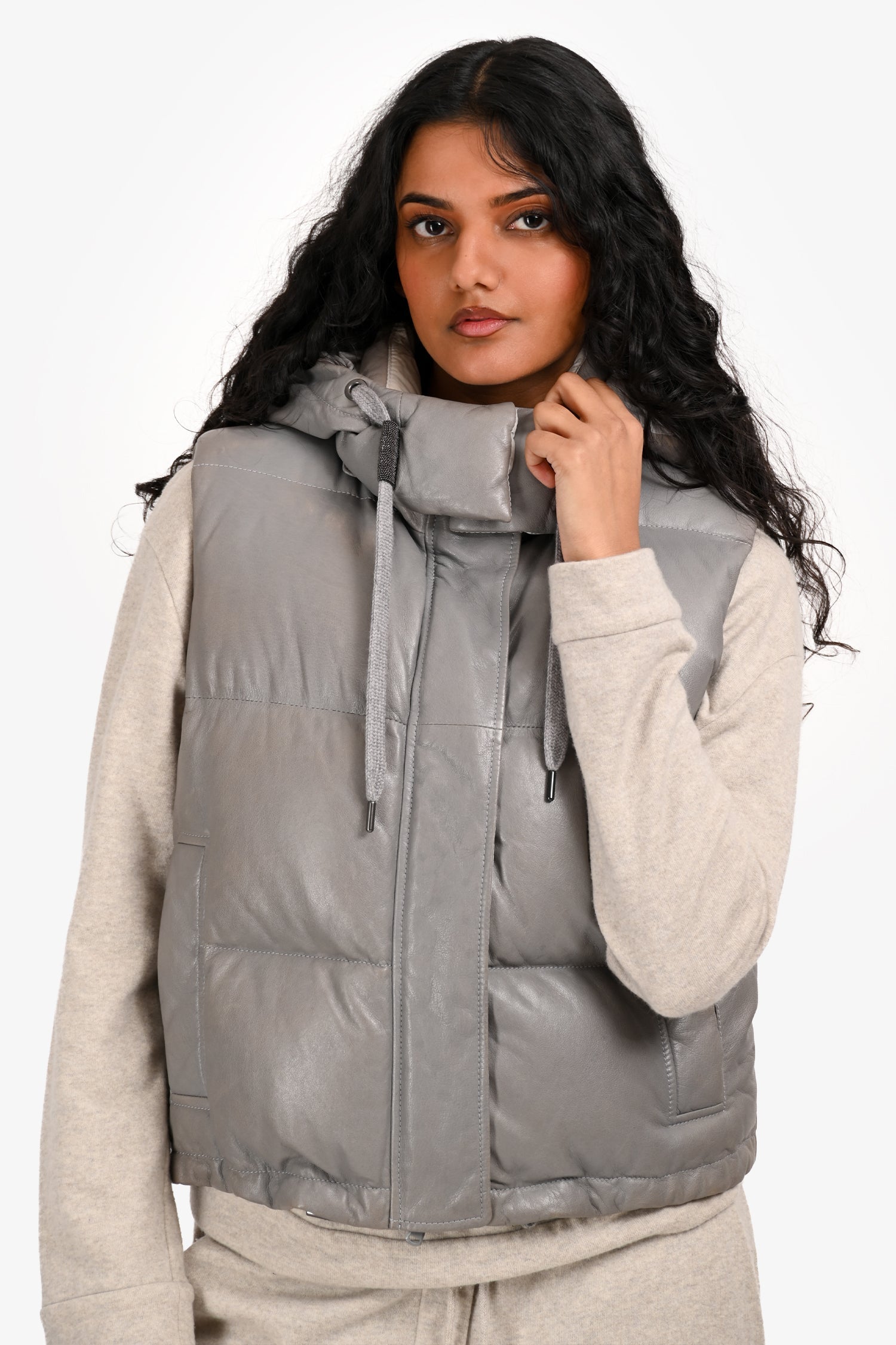 Brunello Cucinelli Grey Leather 'Gilet' Cropped Leather Vest Size 40