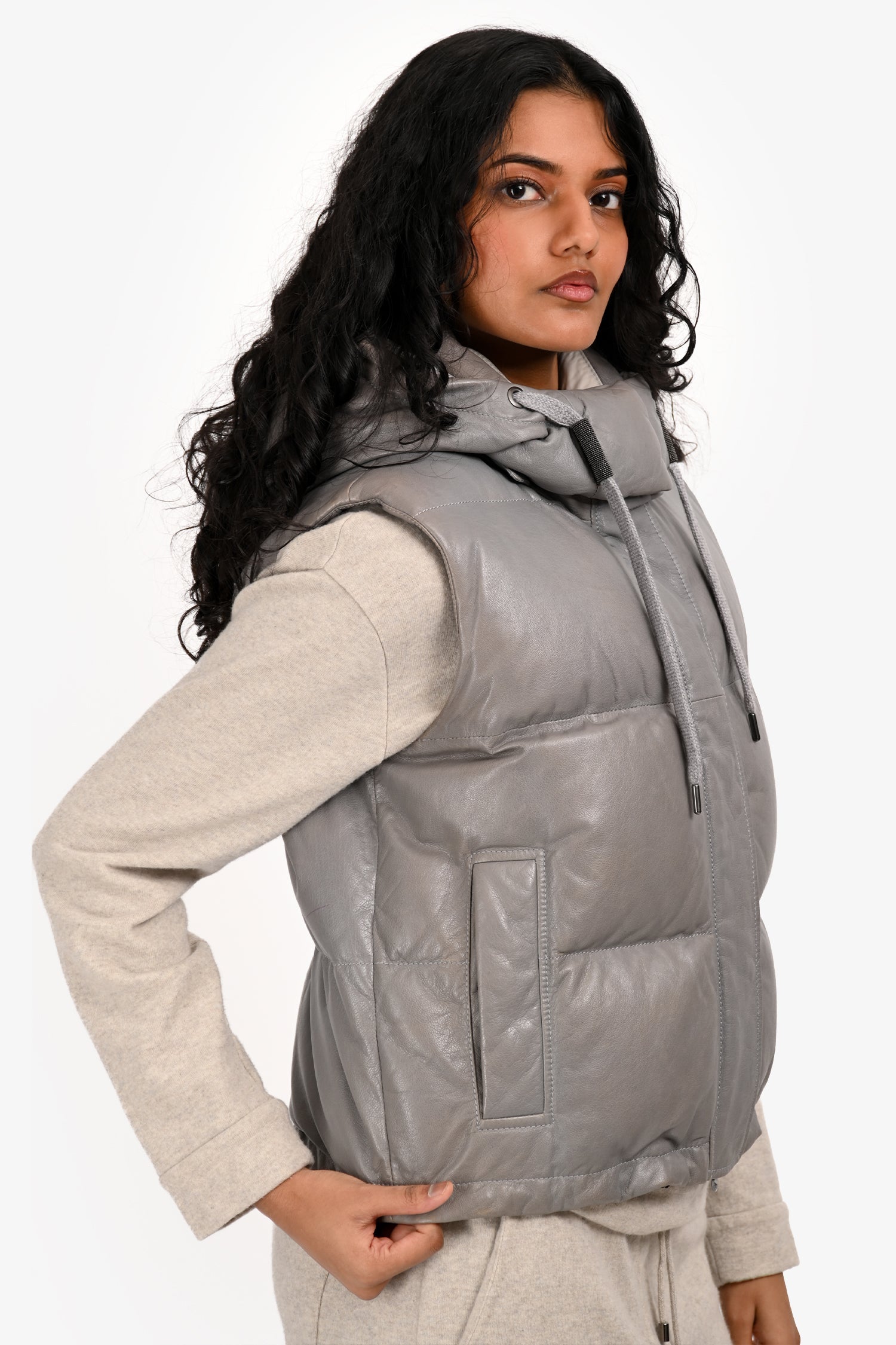Brunello Cucinelli Grey Leather 'Gilet' Cropped Leather Vest Size 40
