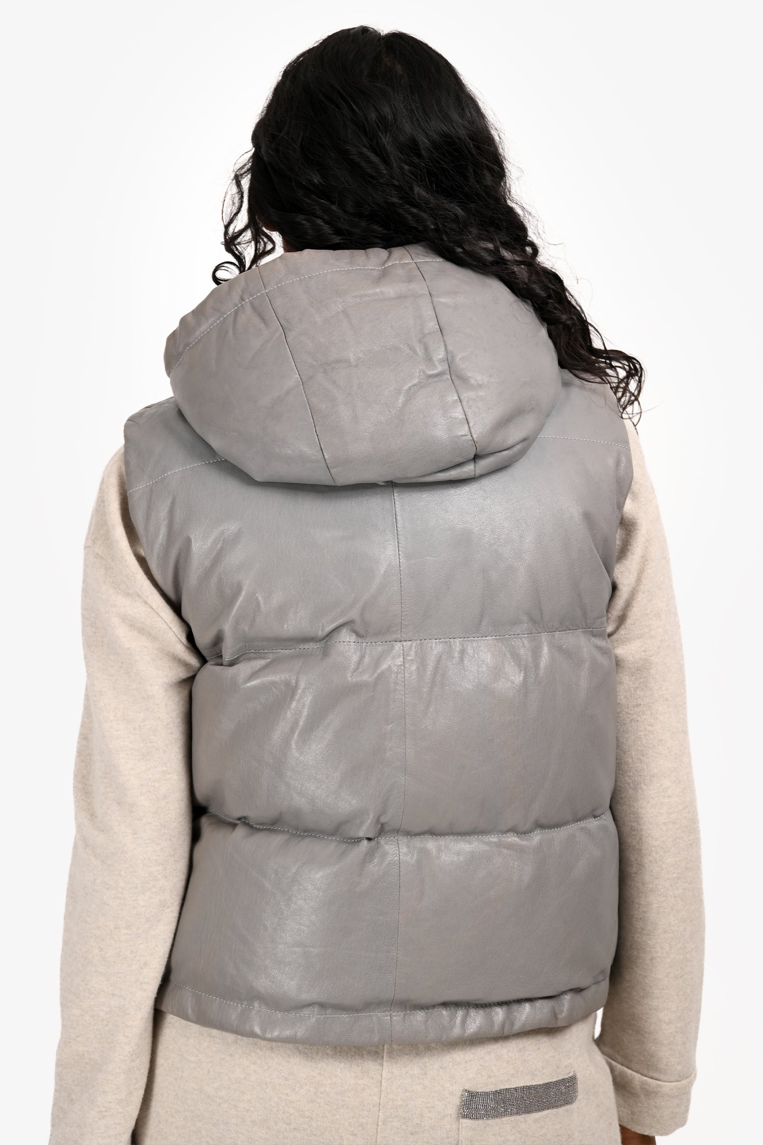 Brunello Cucinelli Grey Leather 'Gilet' Cropped Leather Vest Size 40